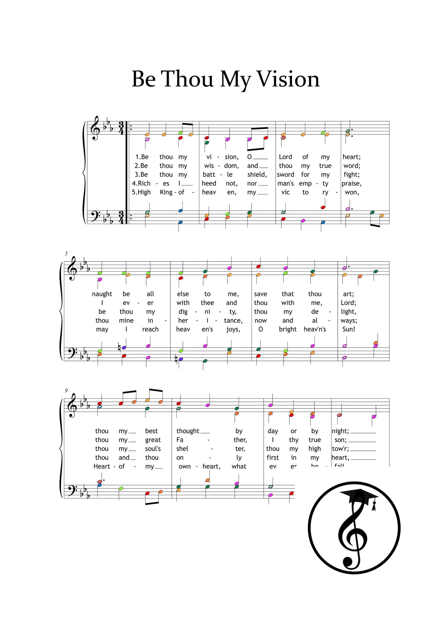 Be Thou My Vision traditional Irish hymn by Mary Byrne downloadable and simplified piano sheet music PDF in a choir-supported arrangement highlighting finger-number placement, color-coded pitch cues, note-name labels, and lyric alignment, engraved from the manuscript for expressive sacred music.