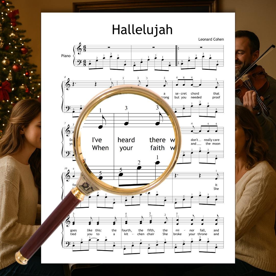 Hallelujah by L. Cohen - Grade 5 Intermediate Piano Sheet Music PDF with Fingerings | Christmas + Bonus Flute, Violin, Clarinet, Choir