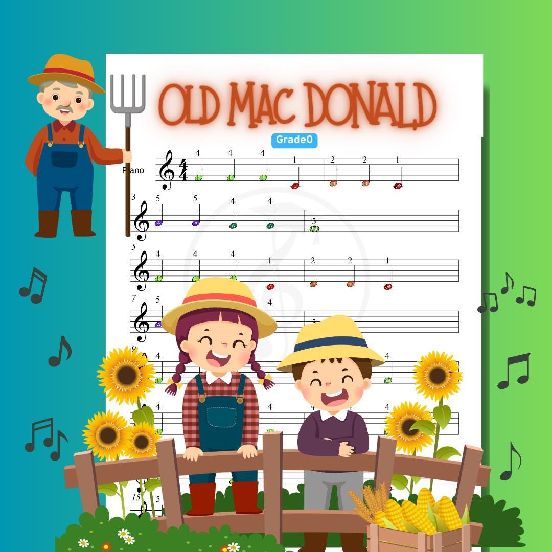 Old MacDonald Had a Farm - Grade 0 Simplified Very Easy Piano Sheet for Kids | Color Coded + Letter Notes + MP3 + Video - Nursery Rhymes