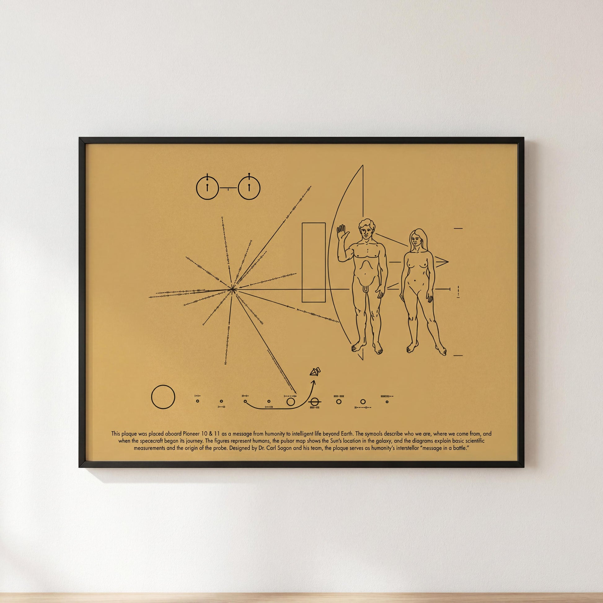 The image is a framed print featuring a black and white illustration of a spacecraft with two figures, one male and one female, along with various geometric shapes and symbols.