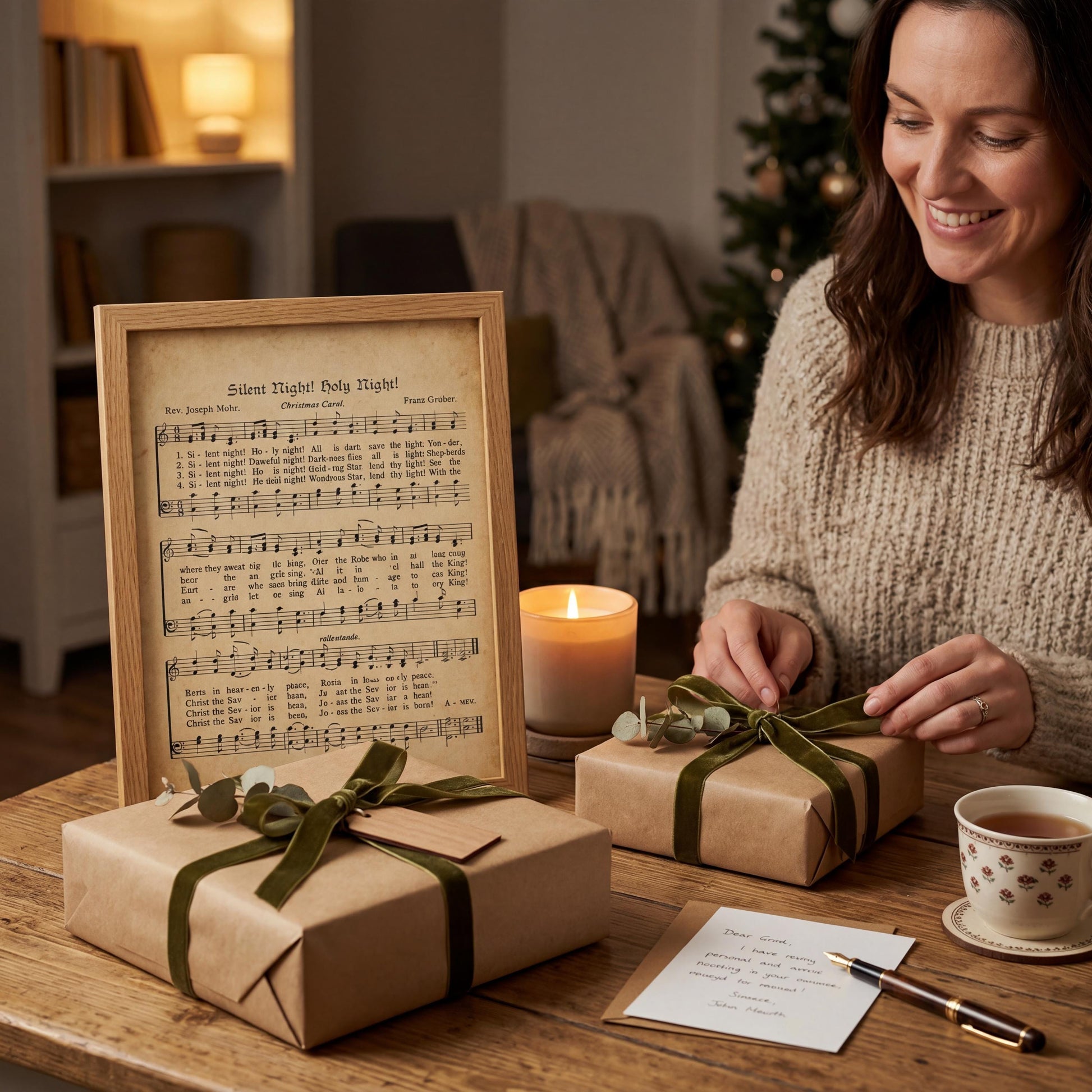 A woman is sitting at a table, smiling and wrapping a gift with a green ribbon. The table also has a framed sheet of music, a candle, and a note.