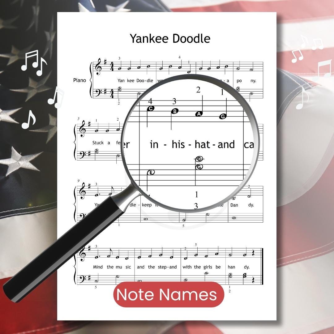 Yankee Doodle simplified piano PDF download for Grade 1–2, cheerful American folk tune arranged with finger numbers on every note, color-coded notes for visual learners, and letter names for music reading, printable PDF and JPG for tablets, includes MP3 audio and MP4 tutorial video for guided practice.