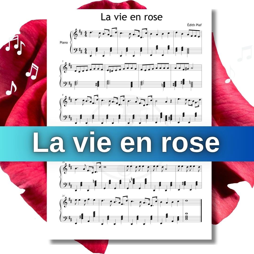 La Vie en rose by Édith Piaf downloadable and simplified piano sheet music PDF, Grade 4–5 teacher resource with clear engraving, note names, and finger numbers, supplied with MP3 reference and tutorial video, ideal for classroom use, lesson planning, and student performances.