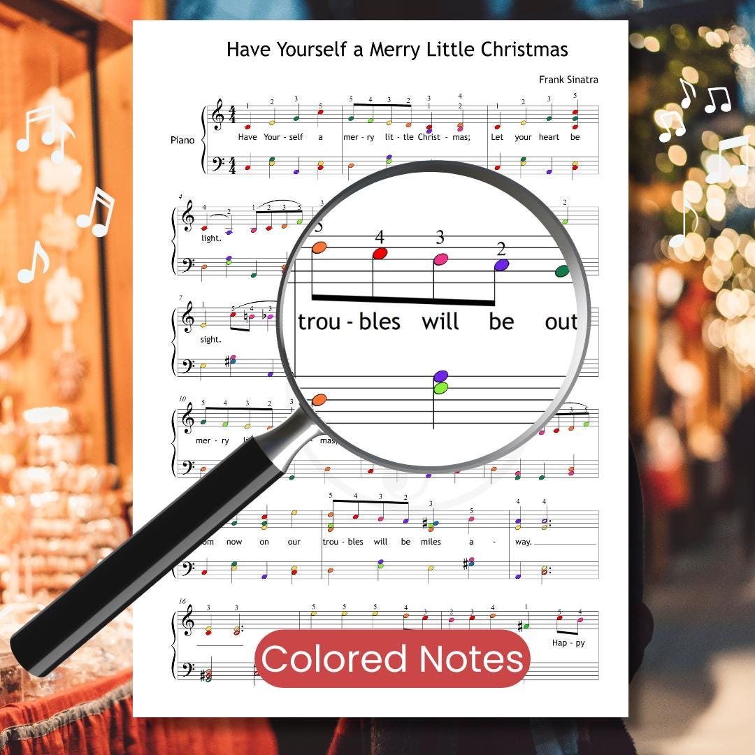 Color-coded piano sheet of Have Yourself a Merry Little Christmas, helps visual learners recognize pitch and interval patterns. Supports inclusive learning strategies in group piano or early-level instruction.