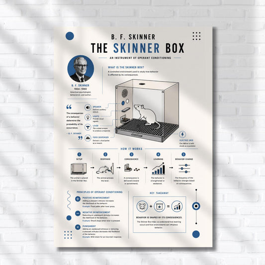 The image is a poster or infographic about the B.F. Skinner Box, a Skinner Box used in behavioral research. It features a diagram of the Skinner Box with a mouse inside, along with text and illustrations explaining the principles of operant conditioning.