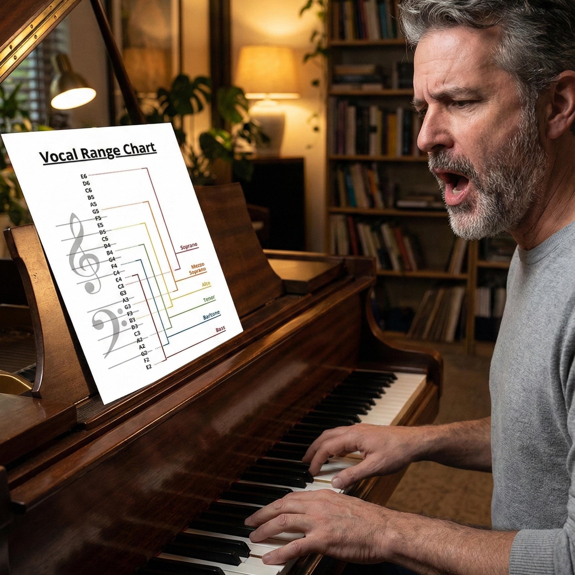 Vocal Range Chart for choir and voice training presented as a digital-friendly PNG and printable PDF, offering a clear visual comparison of vocal ranges for singers studying independently or in group settings.