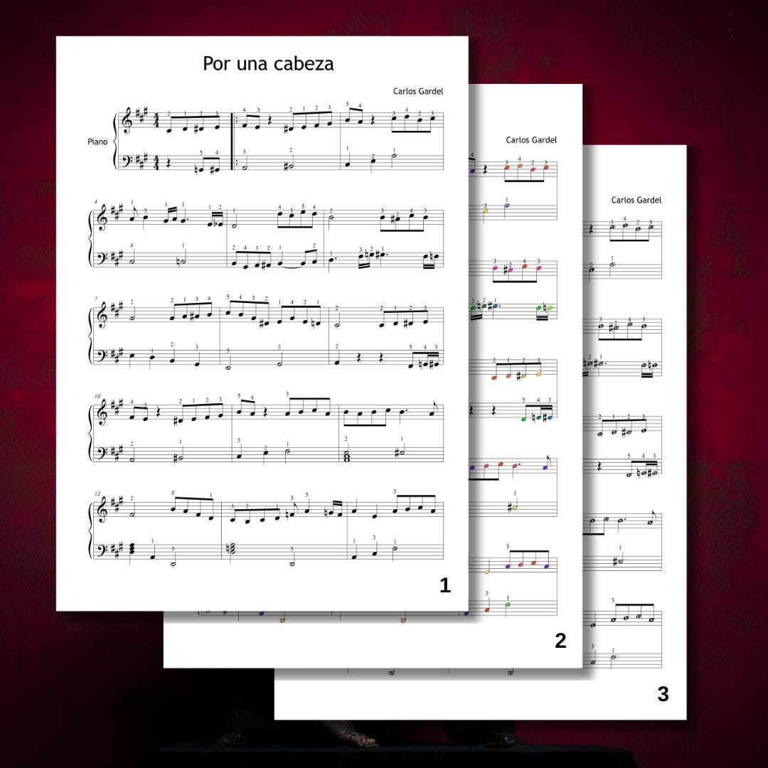 Por una Cabeza by Carlos Gardel downloadable and simplified piano sheet music PDF displayed as a multi-version Grade 4–5 tango pack including standard notation, finger numbers, color notes, and note-name pages, all prepared from the composer’s manuscript for flexible practice and learning.