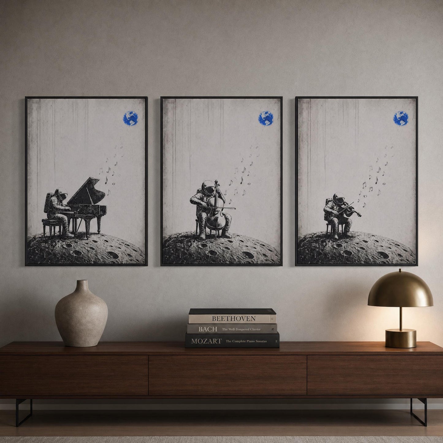 Astronaut Viola Wall Art – Minimalist Space Poster | Black White Music Print