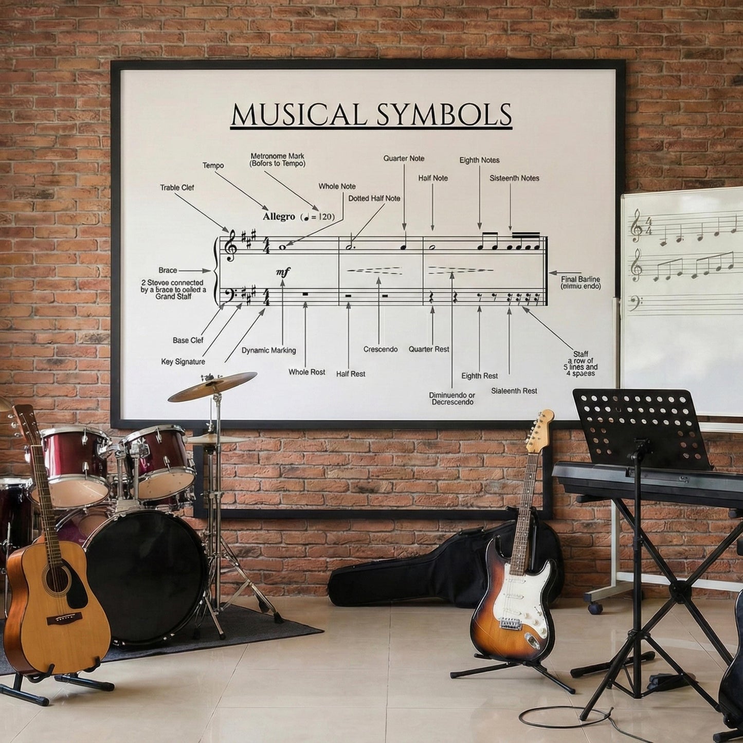 Musical Symbols Chart beginner music theory reference shown as a detailed staff-based layout displaying clefs, note values, rests, dynamics, tempo markings, articulations, and staff elements exactly as they appear in real sheet music, designed to support piano students and early learners through visual context and clear notation.