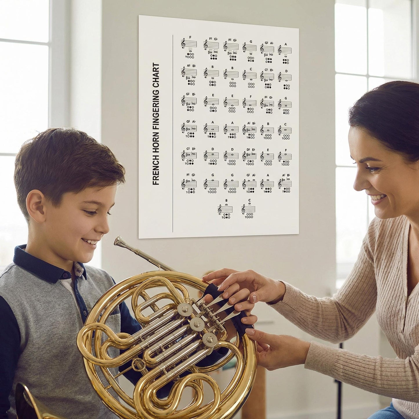 French Horn Fingering Chart – Printable Horn Chart | Brass Music Poster PDF Download