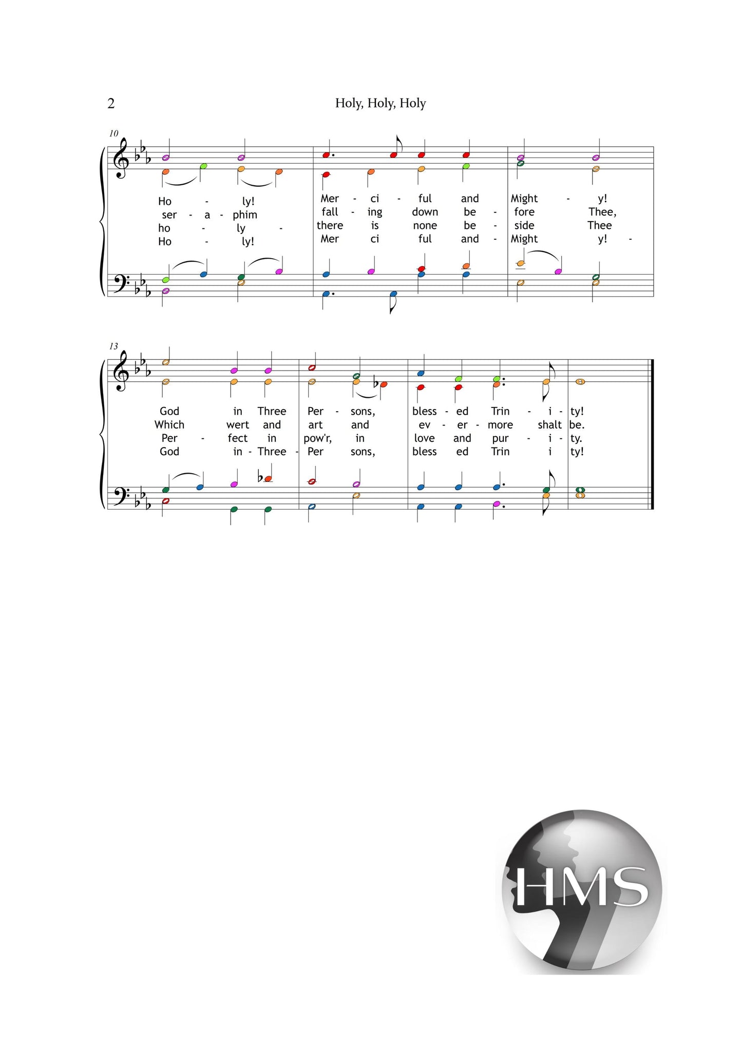 Holy, Holy, Holy by Reginald Heber and John B. Dykes downloadable and simplified piano sheet music PDF displayed as a printable choir and piano score featuring finger numbers, note names, color-coded notes, and manuscript-accurate engraving, suitable for worship leaders, choirs, and devotional settings.
