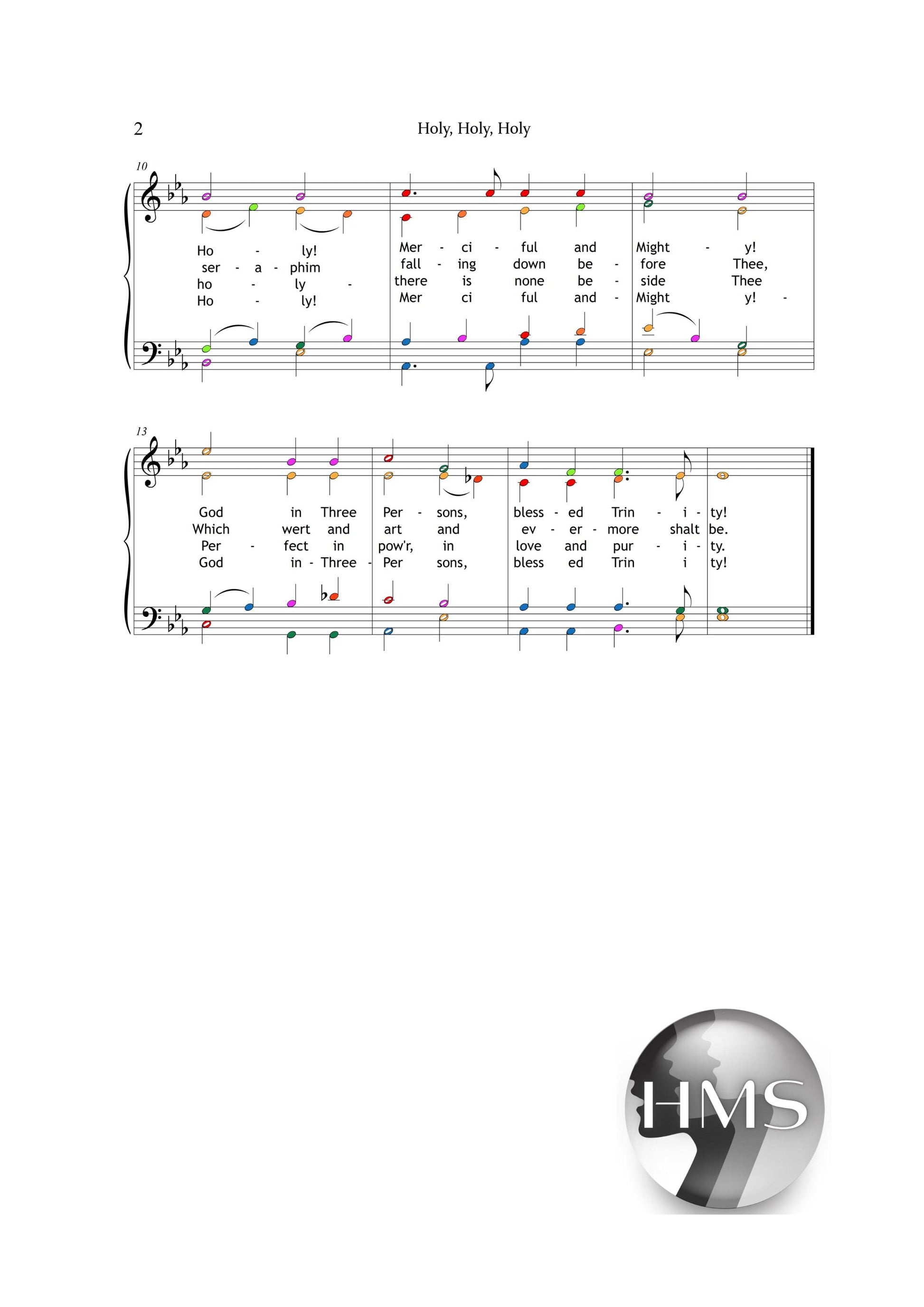 Holy, Holy, Holy by Reginald Heber and John B. Dykes downloadable and simplified piano sheet music PDF displayed as a printable choir and piano score featuring finger numbers, note names, color-coded notes, and manuscript-accurate engraving, suitable for worship leaders, choirs, and devotional settings.