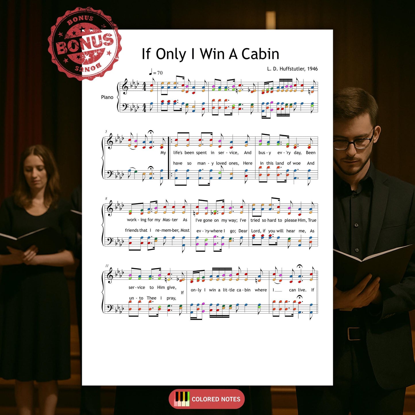 Gospel hymn If Only I Win A Cabin arranged for four-part choir with piano accompaniment.
Includes lyrics and a performance-ready layout, perfect for devotional or concert use.