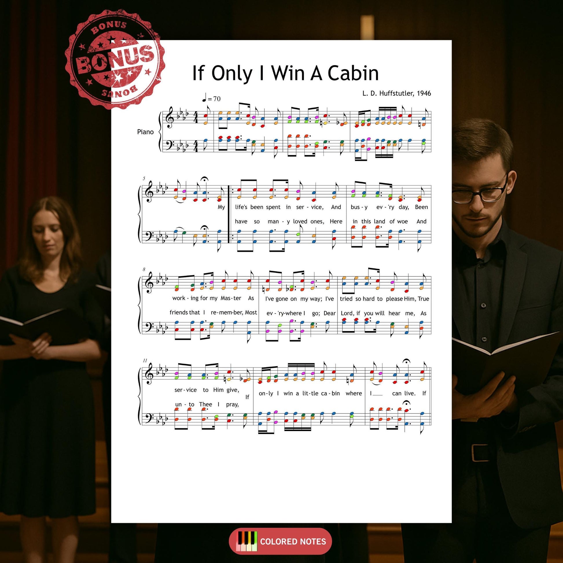 Gospel hymn If Only I Win A Cabin arranged for four-part choir with piano accompaniment.
Includes lyrics and a performance-ready layout, perfect for devotional or concert use.