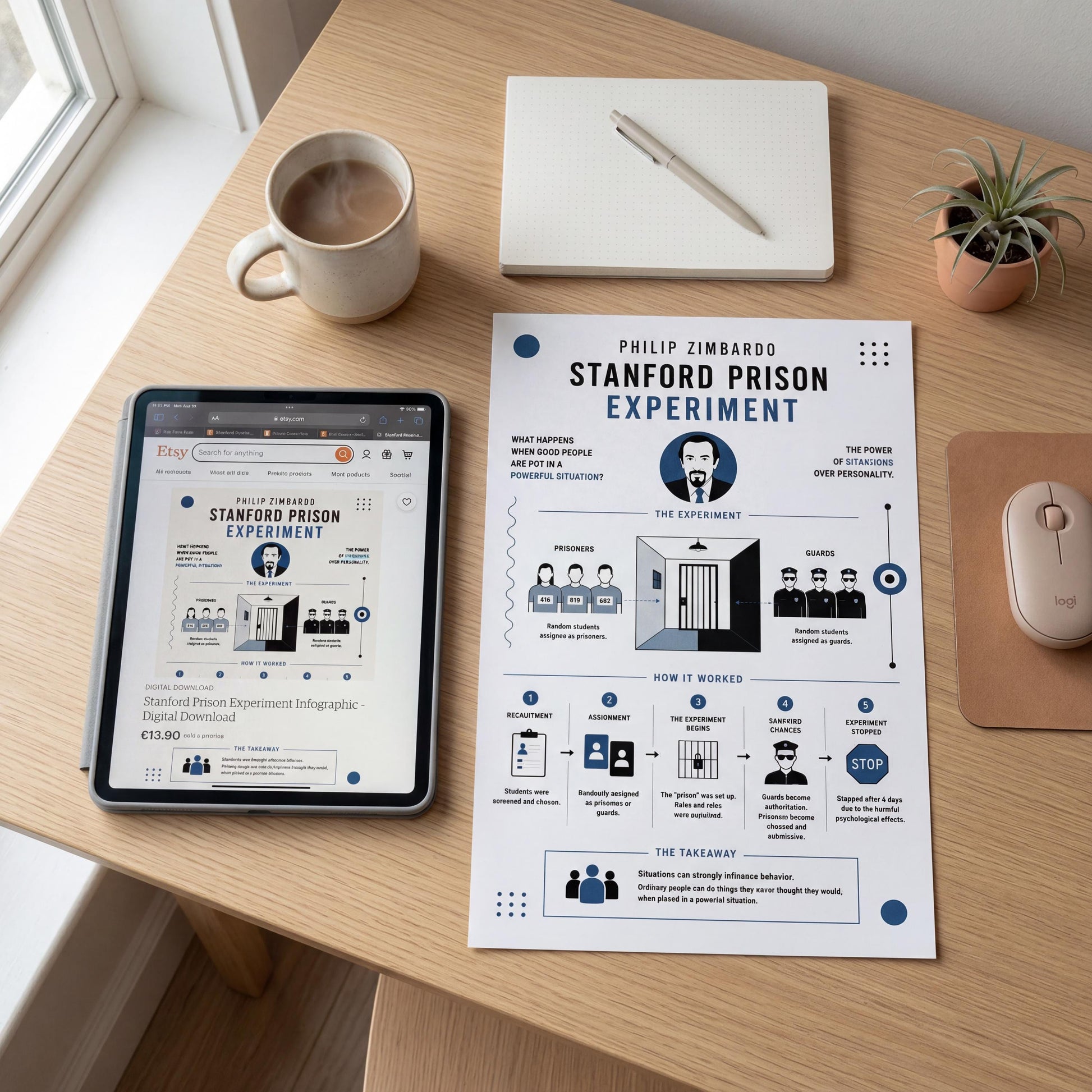 a desk with various items on it, including a tablet, a mug, a pen, a plant, and a book. The tablet is displaying an infographic about Stanford Prison Experiment, while the book is titled "Philip Zimbaro: Stanford Prison Experiment" and the mug is filled with coffee.