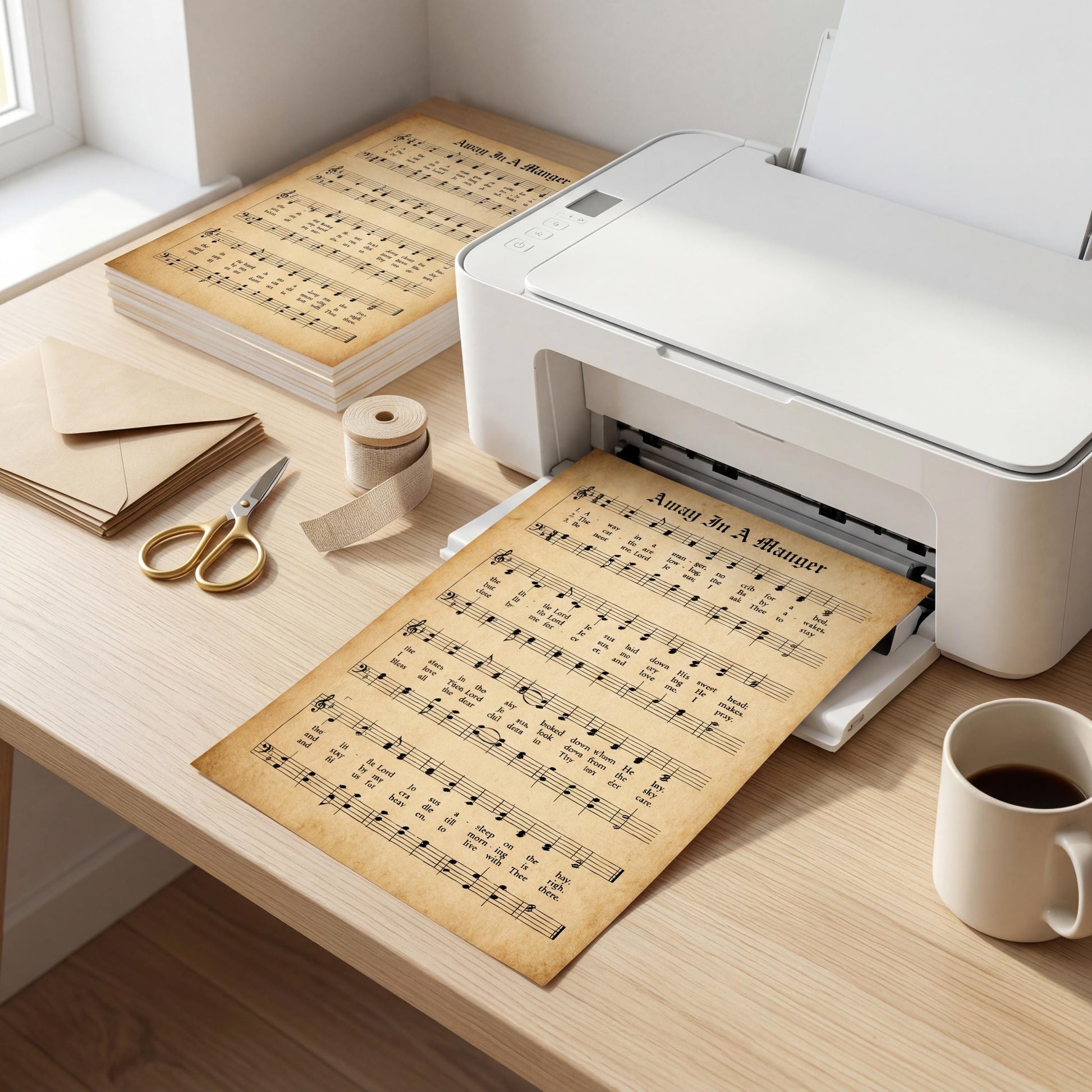 a desk with a printer, a stack of envelopes, a pair of scissors, and a cup of coffee.