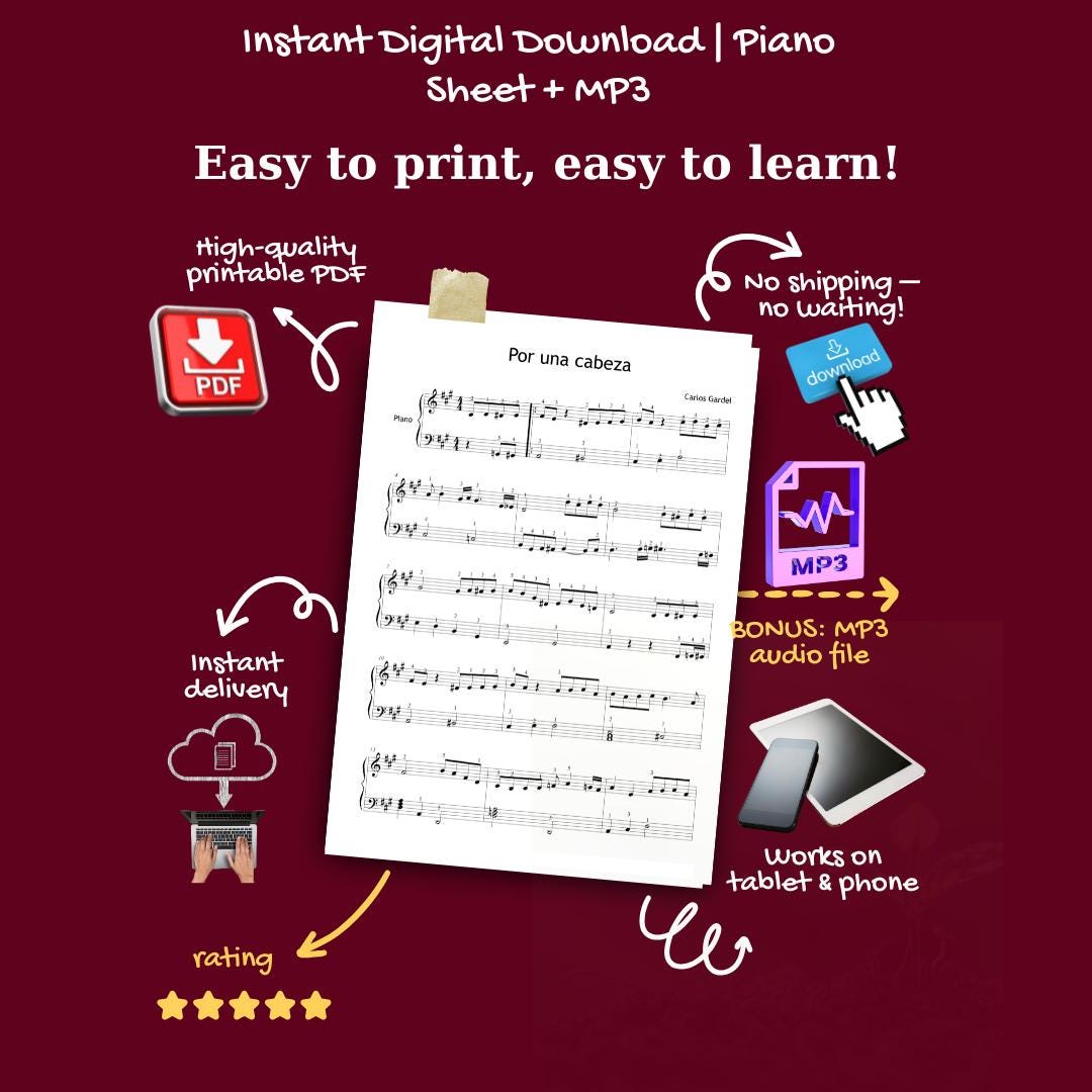 Por una Cabeza by Carlos Gardel downloadable and simplified piano sheet music PDF shown with the full Grade 4–5 educational bundle featuring finger numbers, note names, color-coded notes, and manuscript-based engraving to help pianists explore classic tango style with confidence.
