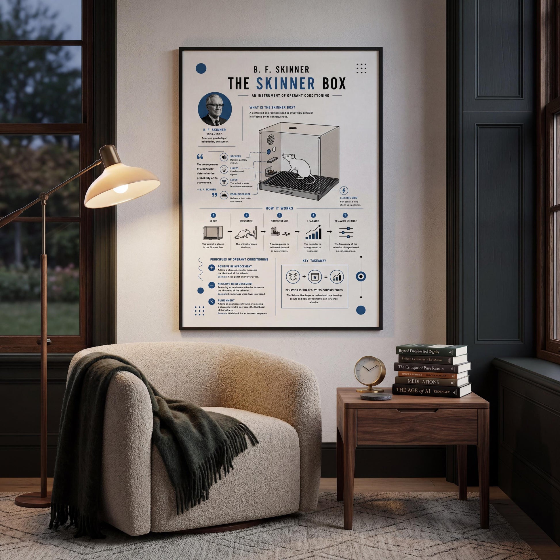 a poster of "The Skinner Box" hanging on a wall in a living room, with a beige armchair and a wooden side table in the foreground.