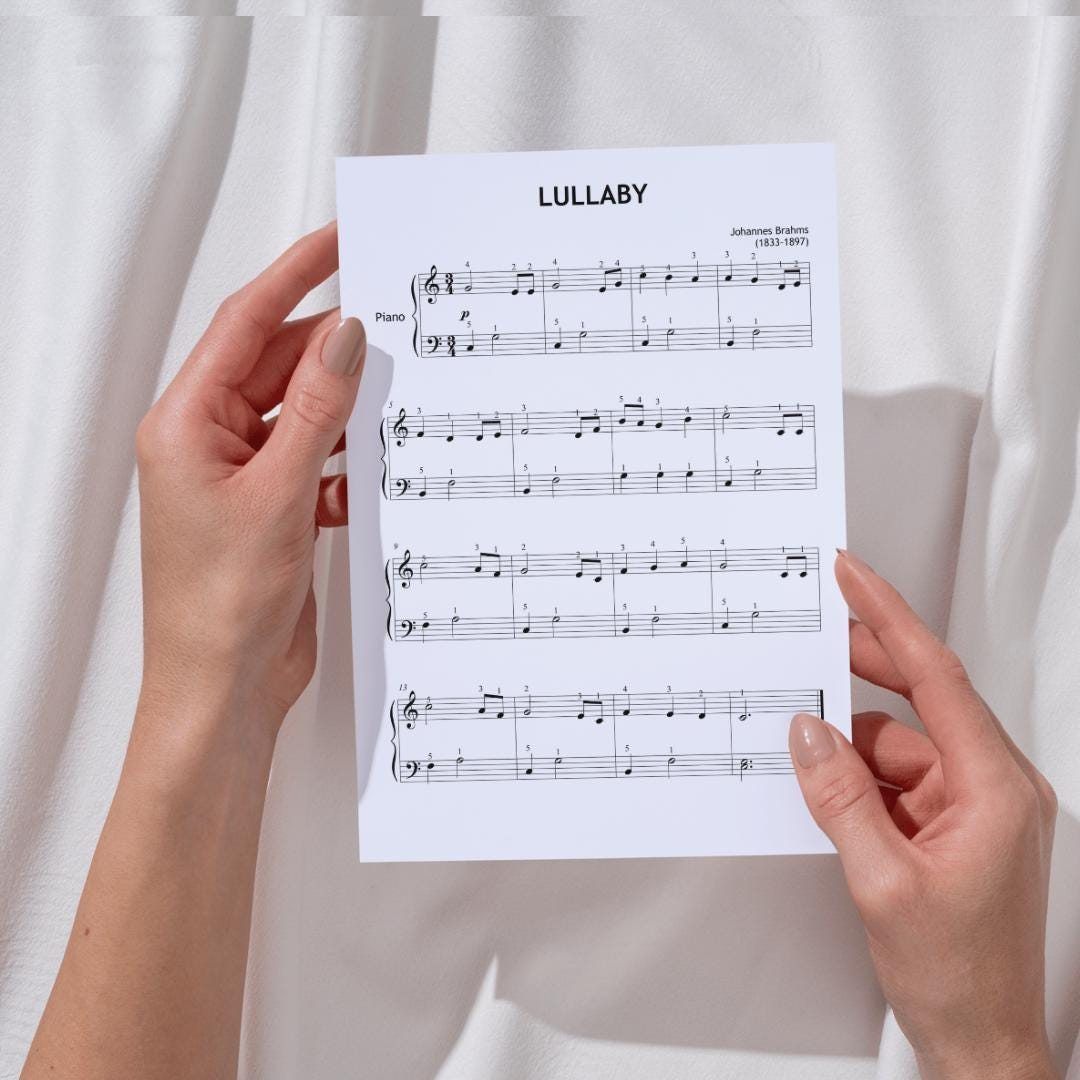 Brahms Lullaby (Op.49 No.4) by Johannes Brahms downloadable beginner piano sheet music PDF, Grade 1 arrangement with printable and tablet-ready formats, supported by MP3 demo audio and tutorial video for guided study.