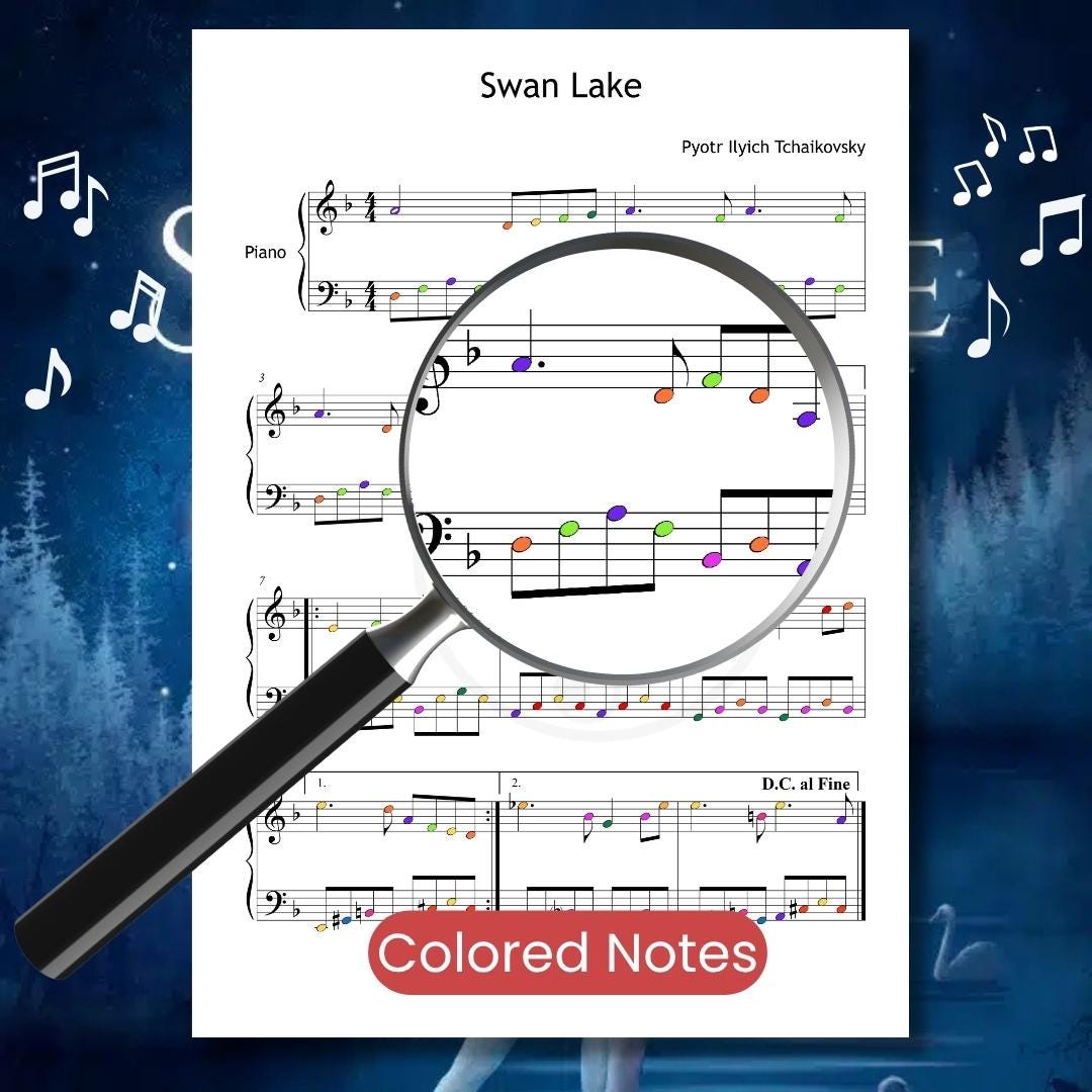 Swan Lake Theme by Pyotr Ilyich Tchaikovsky downloadable and simplified piano sheet music PDF in a color-coded Grade 3 edition highlighting visual note cues, finger-number placement, and optional note-name labels, engraved from the manuscript for smooth ballet-theme interpretation.