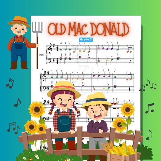 Old MacDonald Had a Farm - Grade 3 Easy Piano Sheet for Beginners | Letter Notes + Finger Numbers + MP3 + Video - Nursery Rhymes McDonald