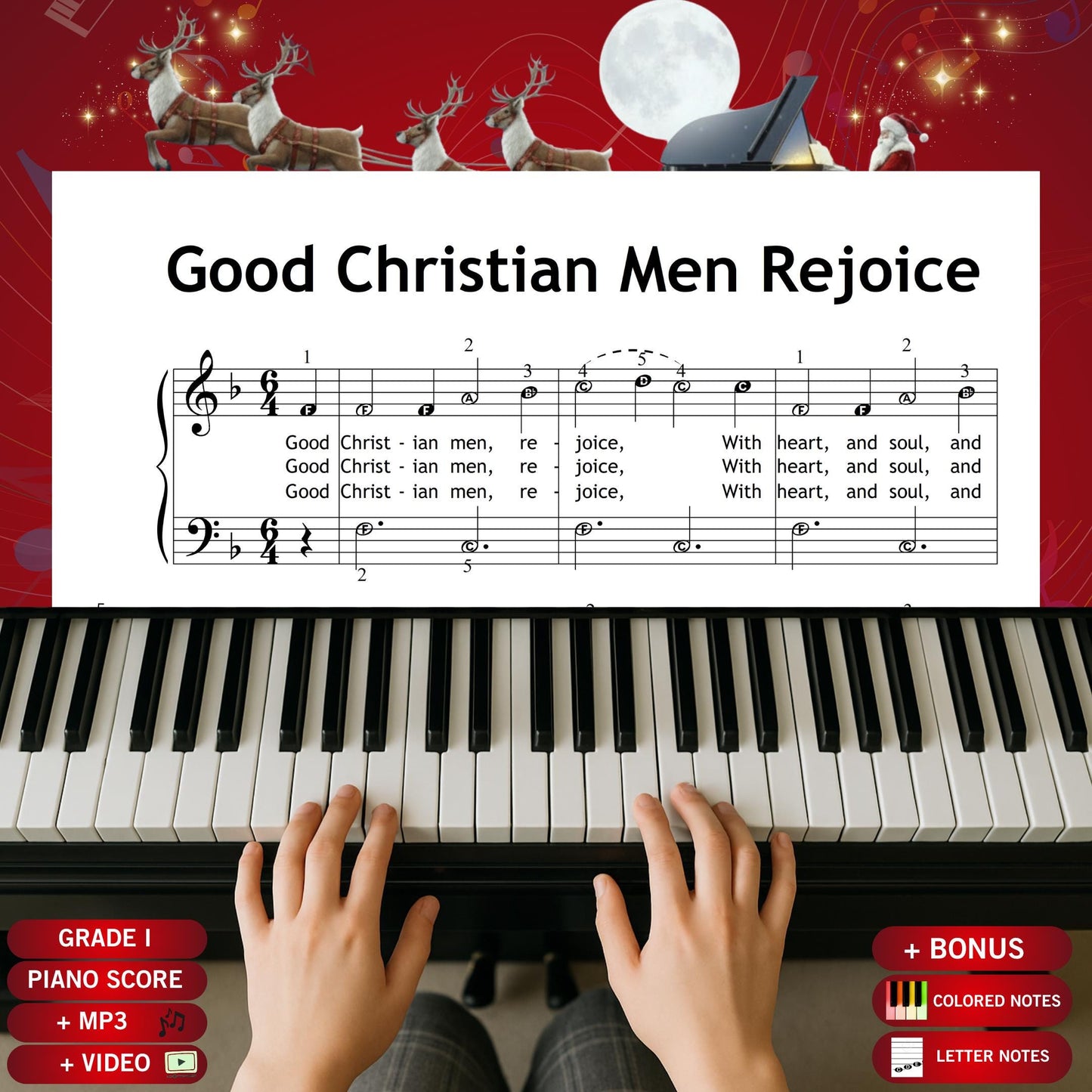 Good Christian Men, Rejoice by Traditional beginner piano sheet music PDF presents a joyful Grade 1 arrangement with lyrics, offering young learners a bright and energetic Christmas carol in a clear printable format perfect for December lessons.