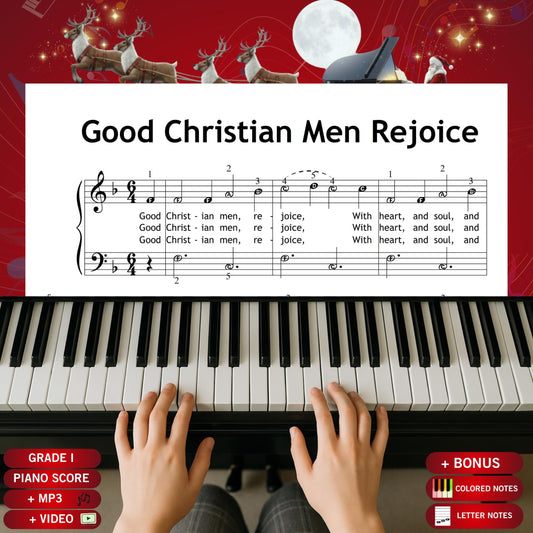 Good Christian Men, Rejoice by Traditional beginner piano sheet music PDF presents a joyful Grade 1 arrangement with lyrics, offering young learners a bright and energetic Christmas carol in a clear printable format perfect for December lessons.