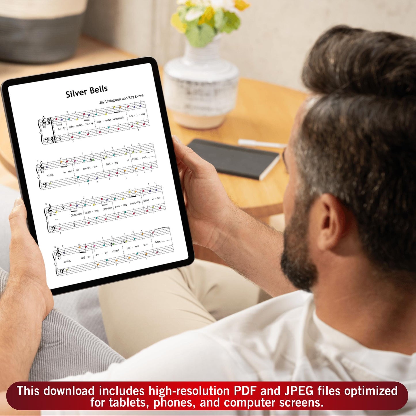 Silver Bells by Livingston & Evans downloadable and simplified piano sheet music PDF created for Grade 1 Christmas study with lyrics, visual color cues, note names, finger-numbered technique guidance, and MP3 demo.