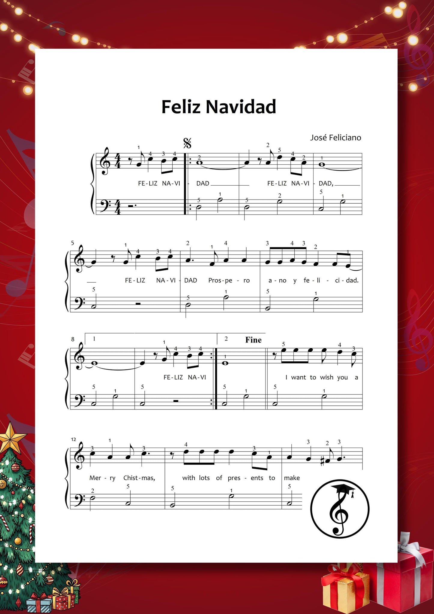 Easy Christmas Piano Songs for Beginners – 30 classic carols: Jingle Bells, Feliz Navidad, Silent Night, O Come All Ye Faithful, Hallelujah, White Christmas, Carol of the Bells, Deck the Halls, Joy to the World, The First Noel, and O Holy Night. Printable Grade 1 piano sheet with lyrics, perfect holiday piano gift, instant digital download for students.
