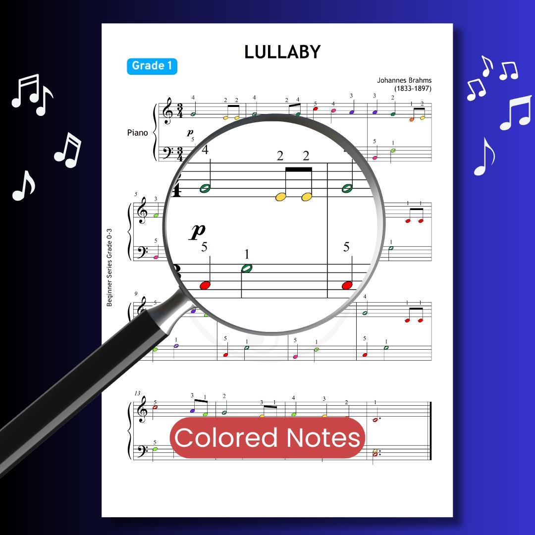 Brahms Lullaby (Wiegenlied) by Johannes Brahms beginner piano sheet music PDF, Grade 1 edition featuring step-by-step learning supports, printable PDF and tablet-ready JPG files, with MP3 audio and animated video tutorial.