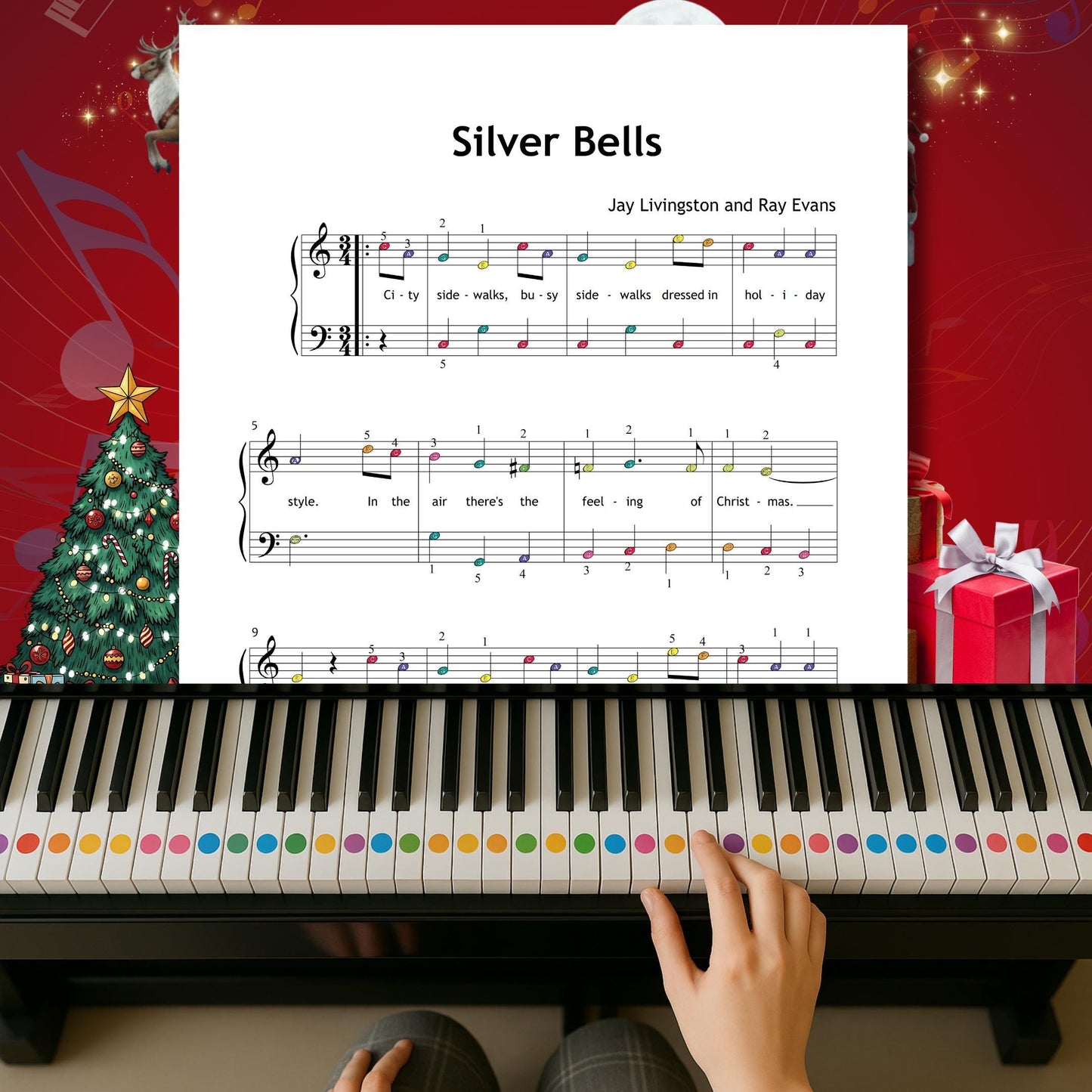 Silver Bells by Livingston & Evans downloadable and simplified piano sheet music PDF arranged for Grade 1 Christmas beginners with lyric lines, color notes, note names, and finger-number guidance for joyful December learning and performance.