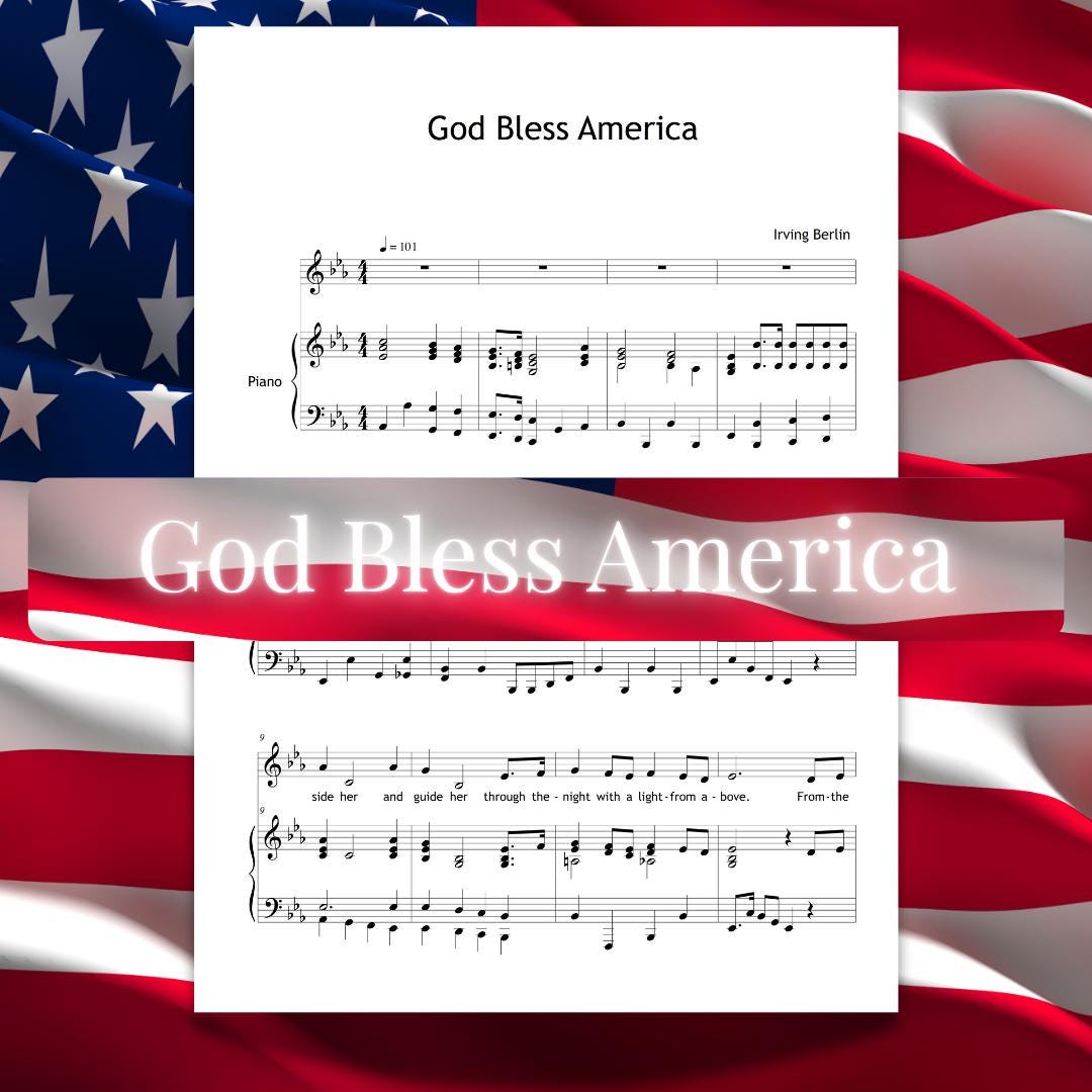 God Bless America by Irving Berlin downloadable piano and vocal sheet music PDF for intermediate to advanced singers with piano accompaniment, full voice and piano score plus optional accompaniment-only version, printable PDF, tablet compatible, and bonus MP3 demo, ideal for recitals, ceremonies, and concerts.
