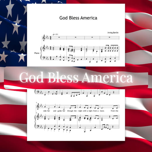 God Bless America by Irving Berlin downloadable piano and vocal sheet music PDF for intermediate to advanced singers with piano accompaniment, full voice and piano score plus optional accompaniment-only version, printable PDF, tablet compatible, and bonus MP3 demo, ideal for recitals, ceremonies, and concerts.
