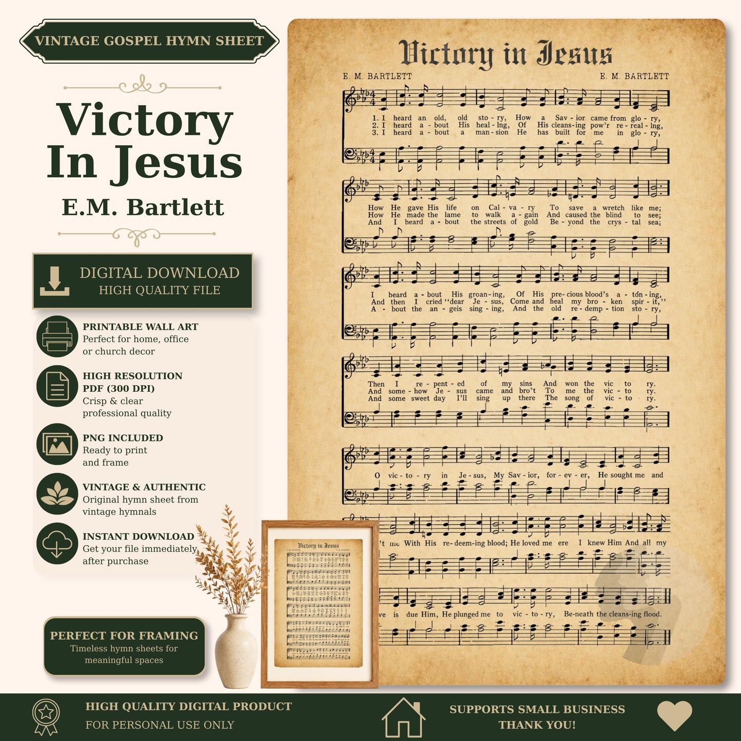 The image is a vintage Gospel hymn sheet titled "Victory in Jesus" by E.M. Bartlett. It features sheet music and a framed image of a plant. The sheet music is available for digital download, and it is perfect for framing. The sheet music is a high-quality digital product that supports small businesses.