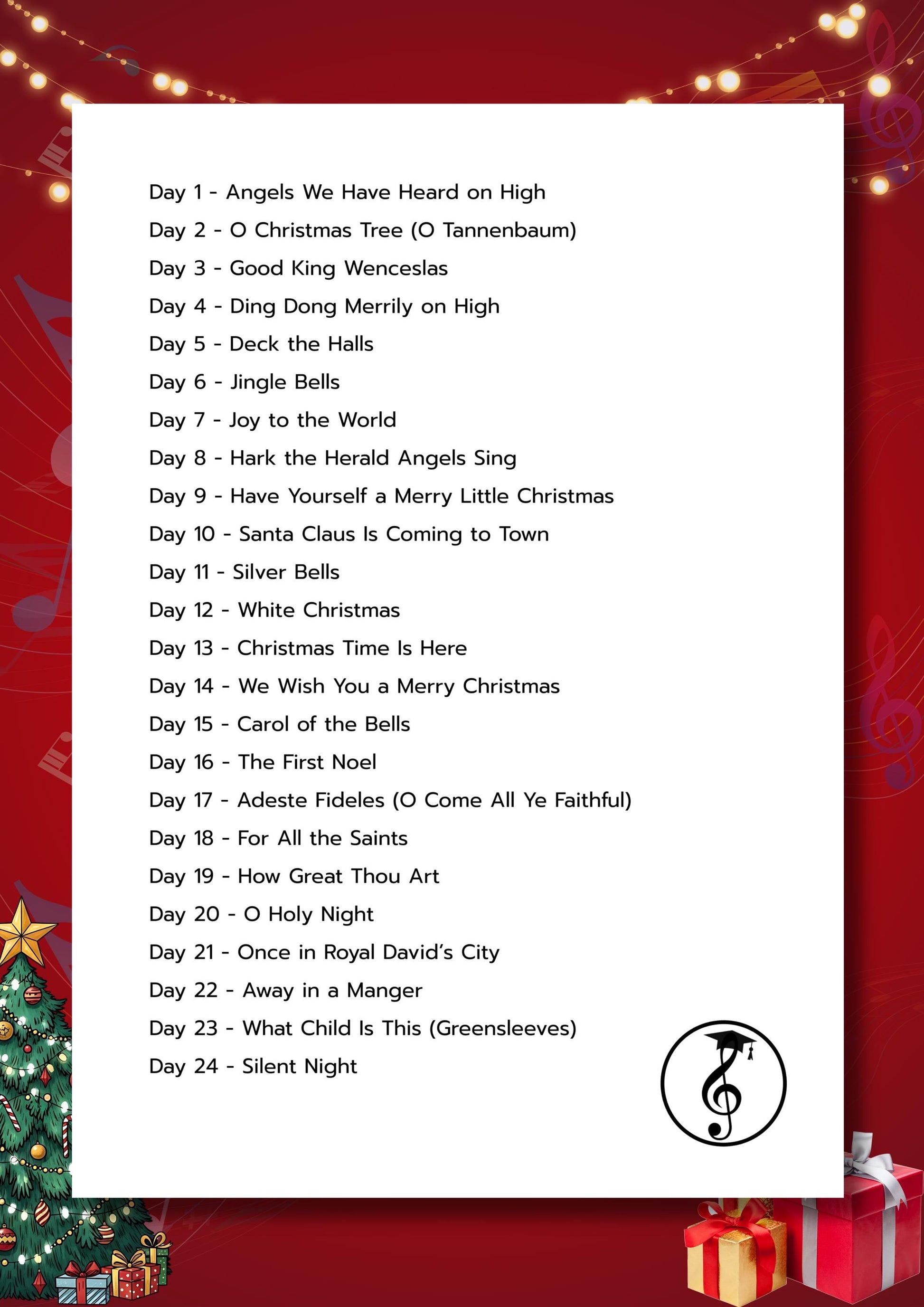 Advent Piano Calendar Christmas piano PDF offering 24 beginner songs, storybook artwork, QR video playlist, and color-coded learning tools designed for young pianists’ holiday enjoyment. Santa Claus Is Coming to Town, Silver Bells, White Christmas, Christmas Time Is Here, We Wish You a Merry Christmas, Carol of the Bells, The First Noel, Adeste Fideles, For All the Saints, How Great Thou Art, O Holy Night, Once in Royal David’s City, Away in a Manger, What Child Is This, Silent Night