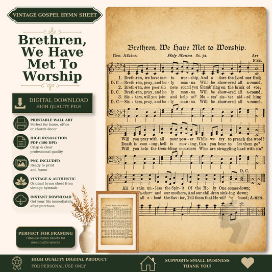 The image is a vintage sheet music for a hymn titled "Brethren, We Have Met to Worship" with accompanying sheet music and lyrics.