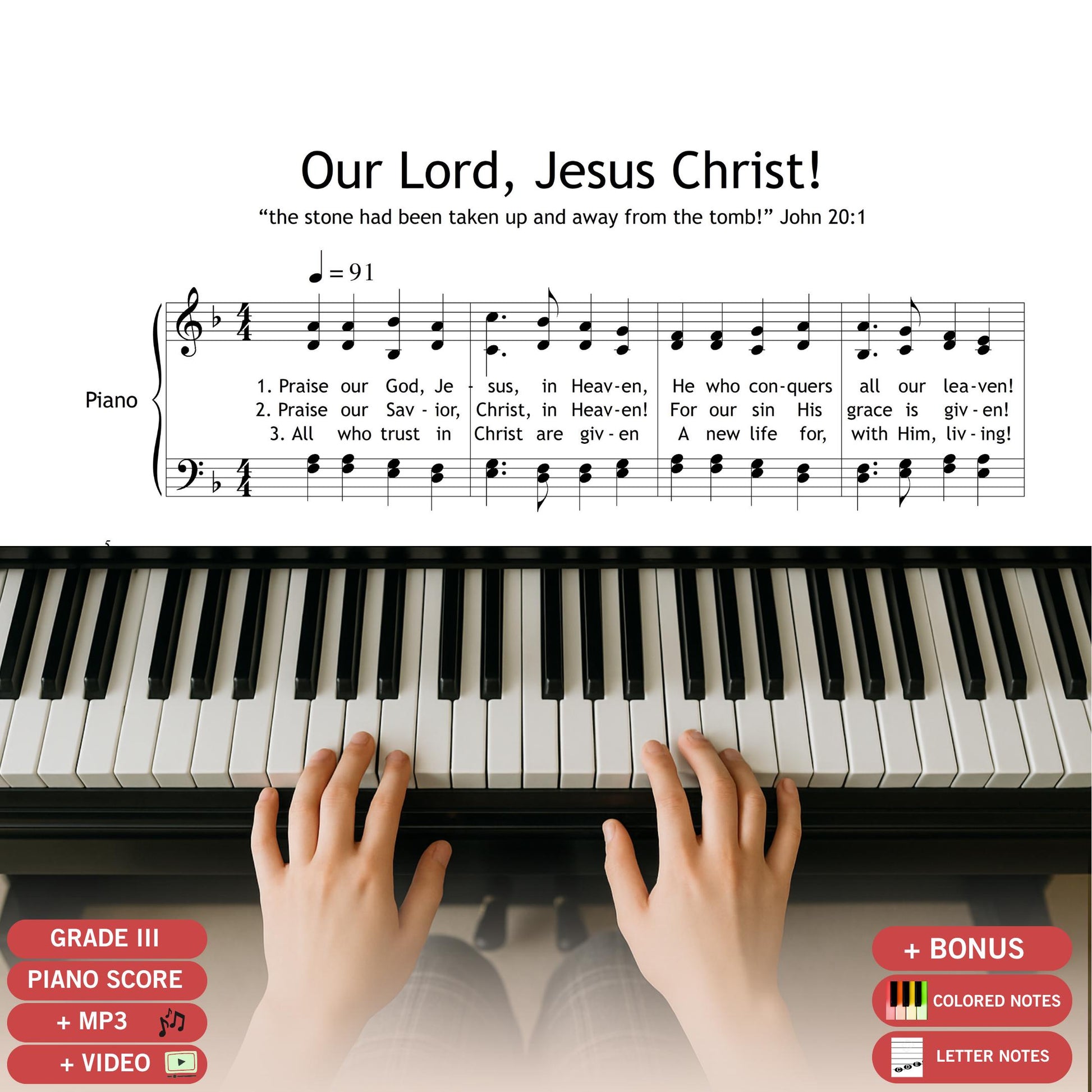 Our Lord, Jesus Christ, downloadable choir and piano sheet music PDF with full lyrics included. This Christian hymn arrangement is ideal for worship services, Easter programs, and spiritual concerts. Beautifully engraved and designed for SATB choir and piano, it brings reverence and musical clarity to any sacred setting.