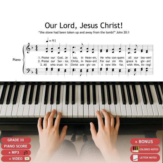 Our Lord, Jesus Christ, downloadable choir and piano sheet music PDF with full lyrics included. This Christian hymn arrangement is ideal for worship services, Easter programs, and spiritual concerts. Beautifully engraved and designed for SATB choir and piano, it brings reverence and musical clarity to any sacred setting.