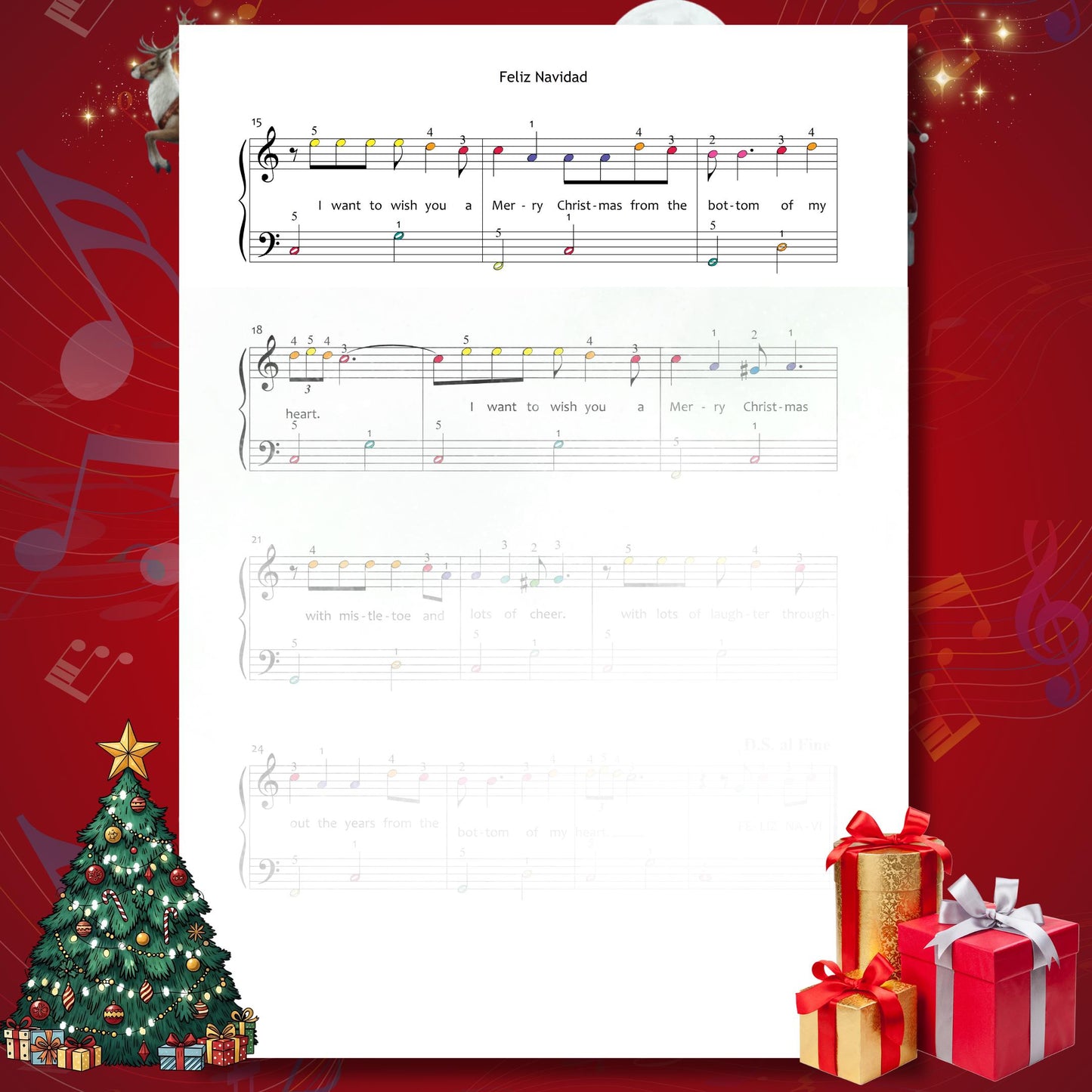 Feliz Navidad by José Feliciano beginner piano sheet music PDF gives learners a friendly Grade 1 arrangement with lyrics included, ideal for integrating singing and playing in early lessons.