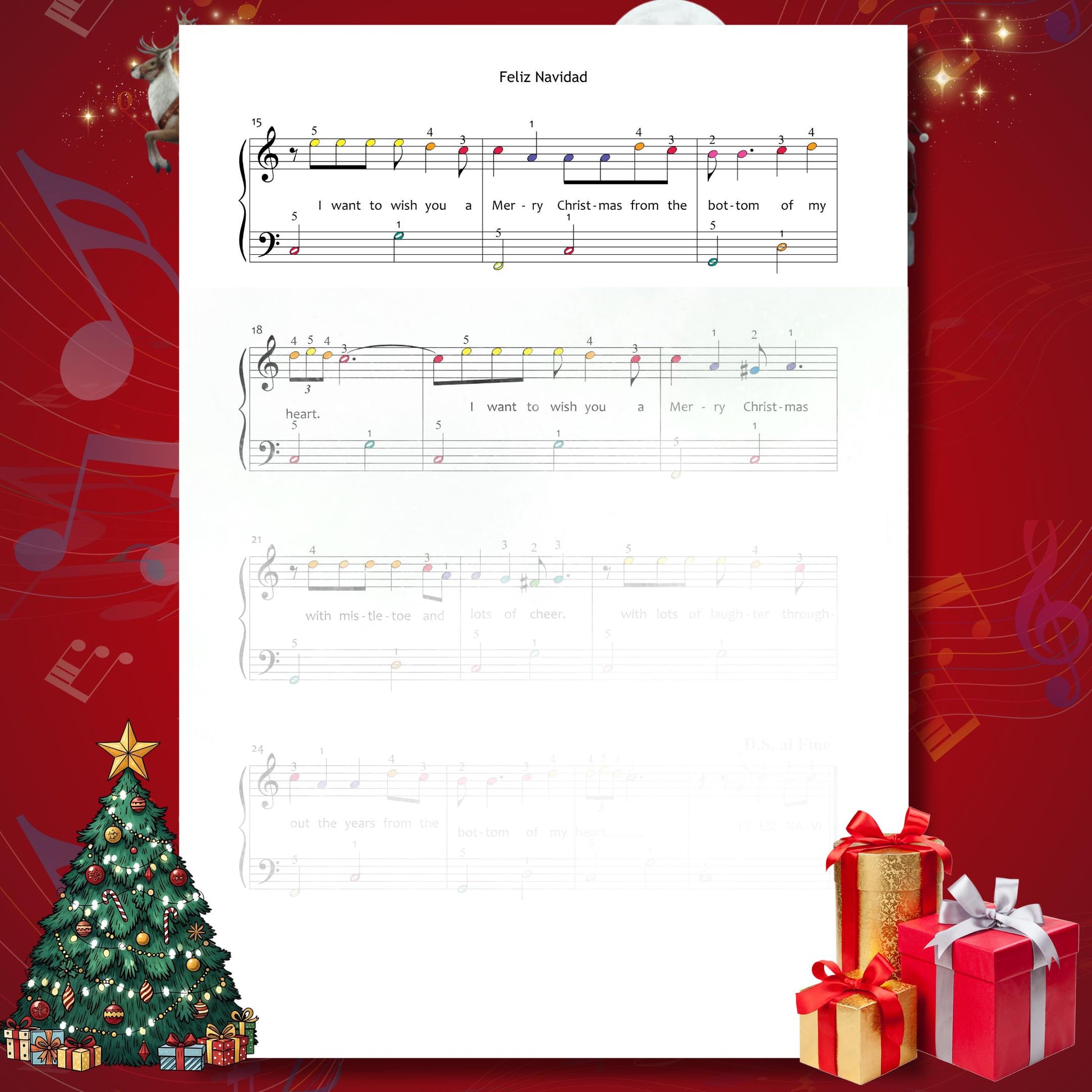Feliz Navidad by José Feliciano beginner piano sheet music PDF gives learners a friendly Grade 1 arrangement with lyrics included, ideal for integrating singing and playing in early lessons.
