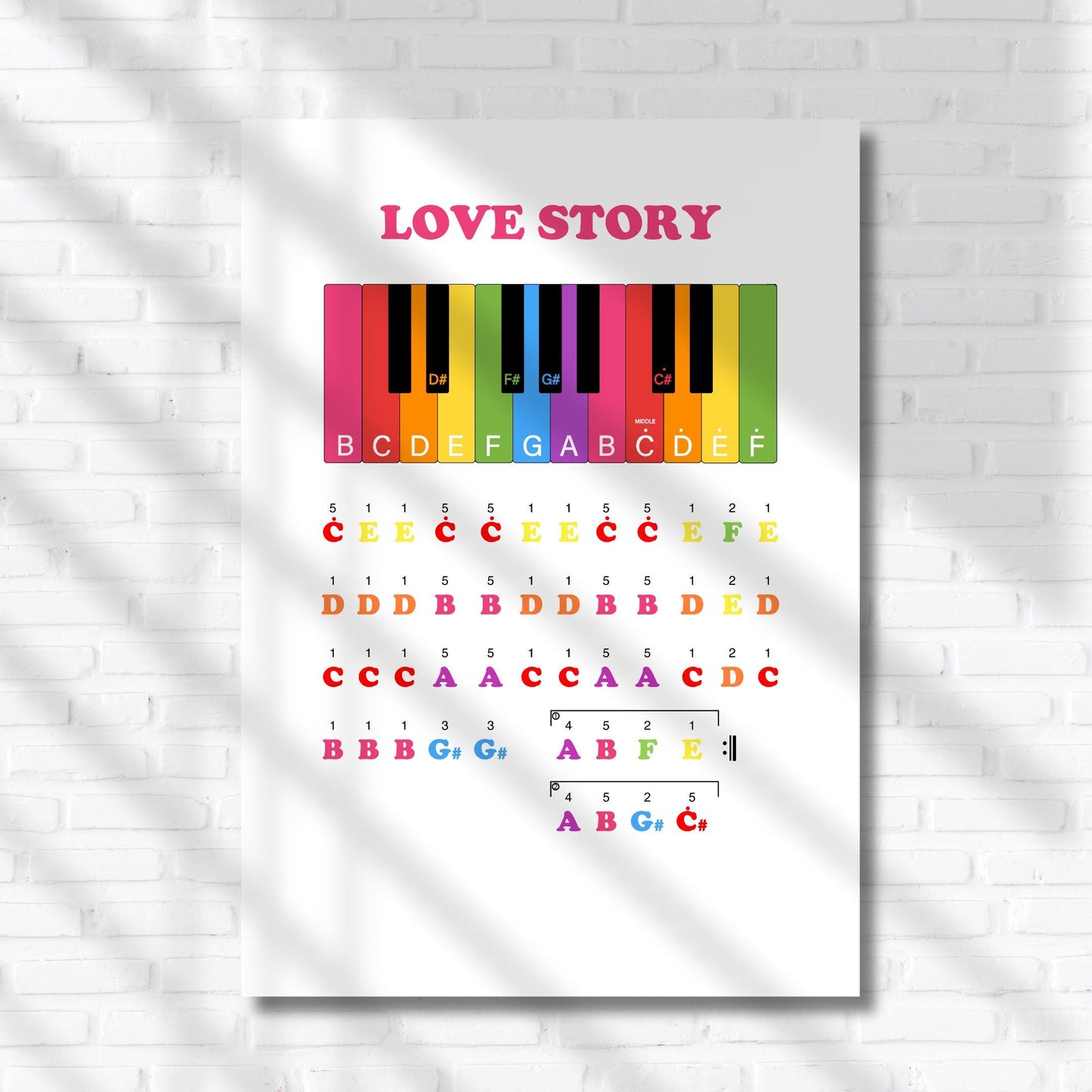 Love Story Grade 0 color-coded letter notes piano sheet designed for absolute beginners, featuring large A–G letter notation, bright keyboard color mapping, finger numbers, and extra-spaced layout in a 2-page printable PDF digital download.