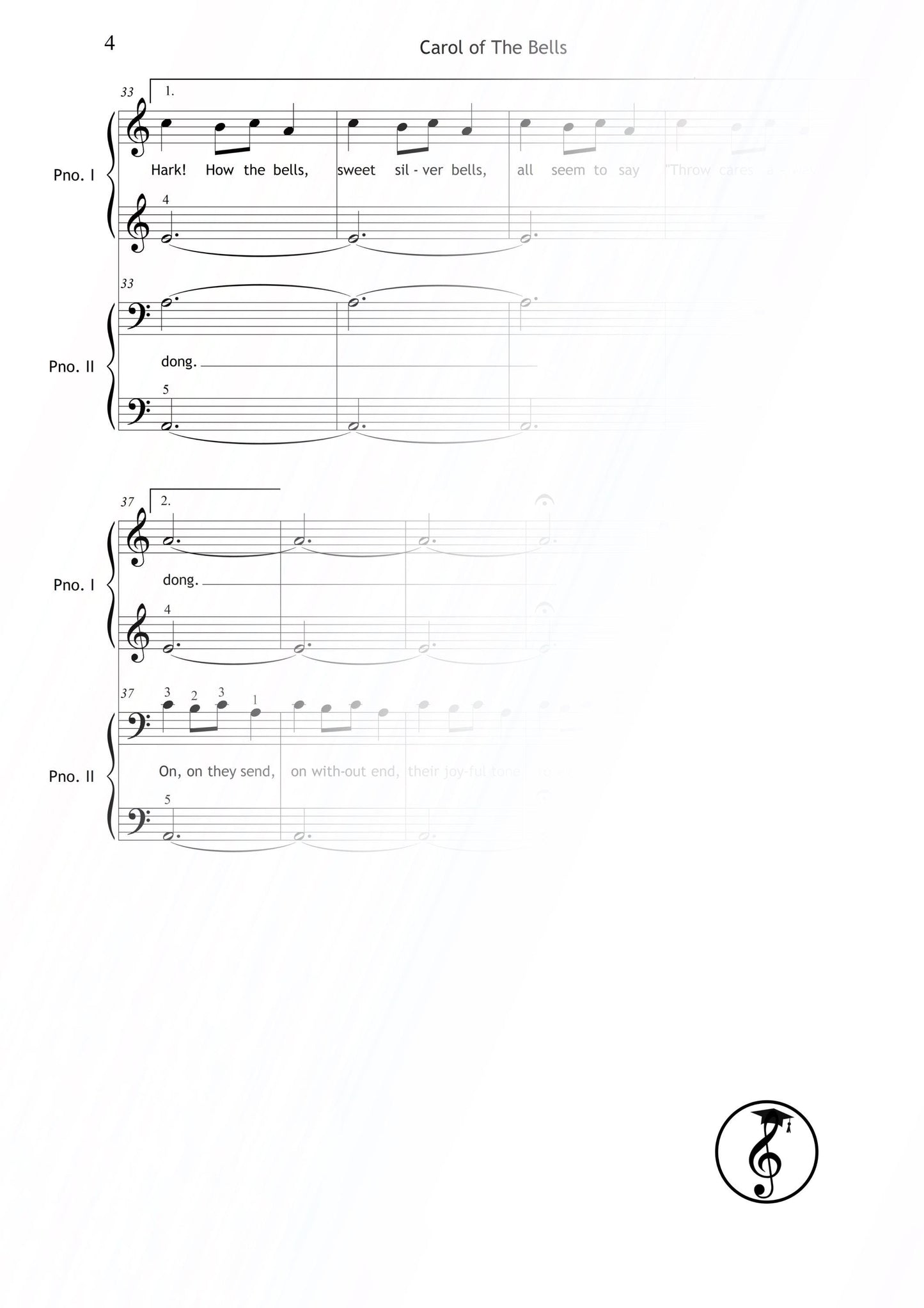Carol of the Bells by Mykola Leontovych downloadable and simplified piano sheet music PDF designed for beginner four-hand holiday duets, with color codes, note names, finger numbers, MP3 audio, and AI-integrated tutorial video to strengthen timing and coordination.