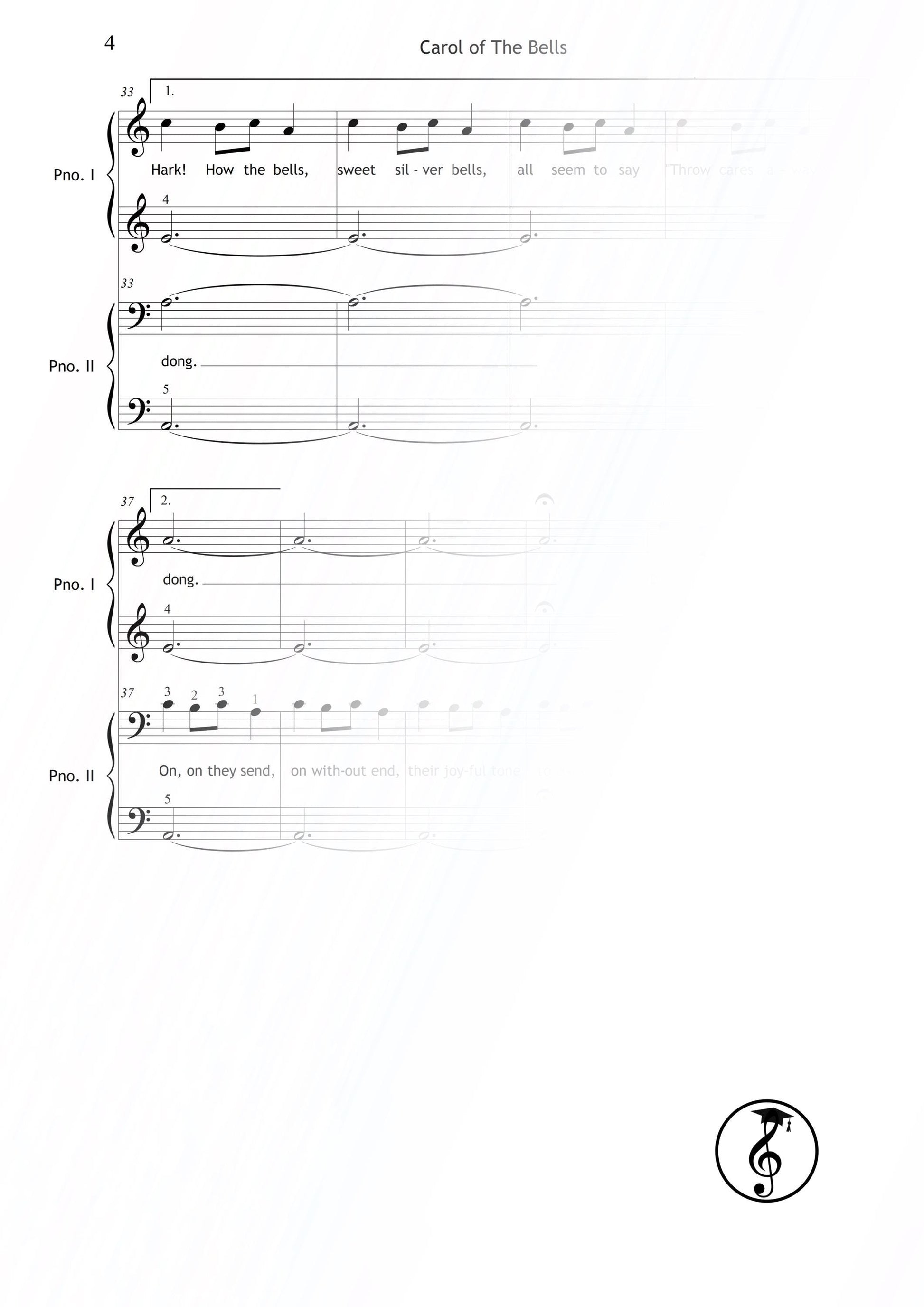 Carol of the Bells by Mykola Leontovych downloadable and simplified piano sheet music PDF designed for beginner four-hand holiday duets, with color codes, note names, finger numbers, MP3 audio, and AI-integrated tutorial video to strengthen timing and coordination.