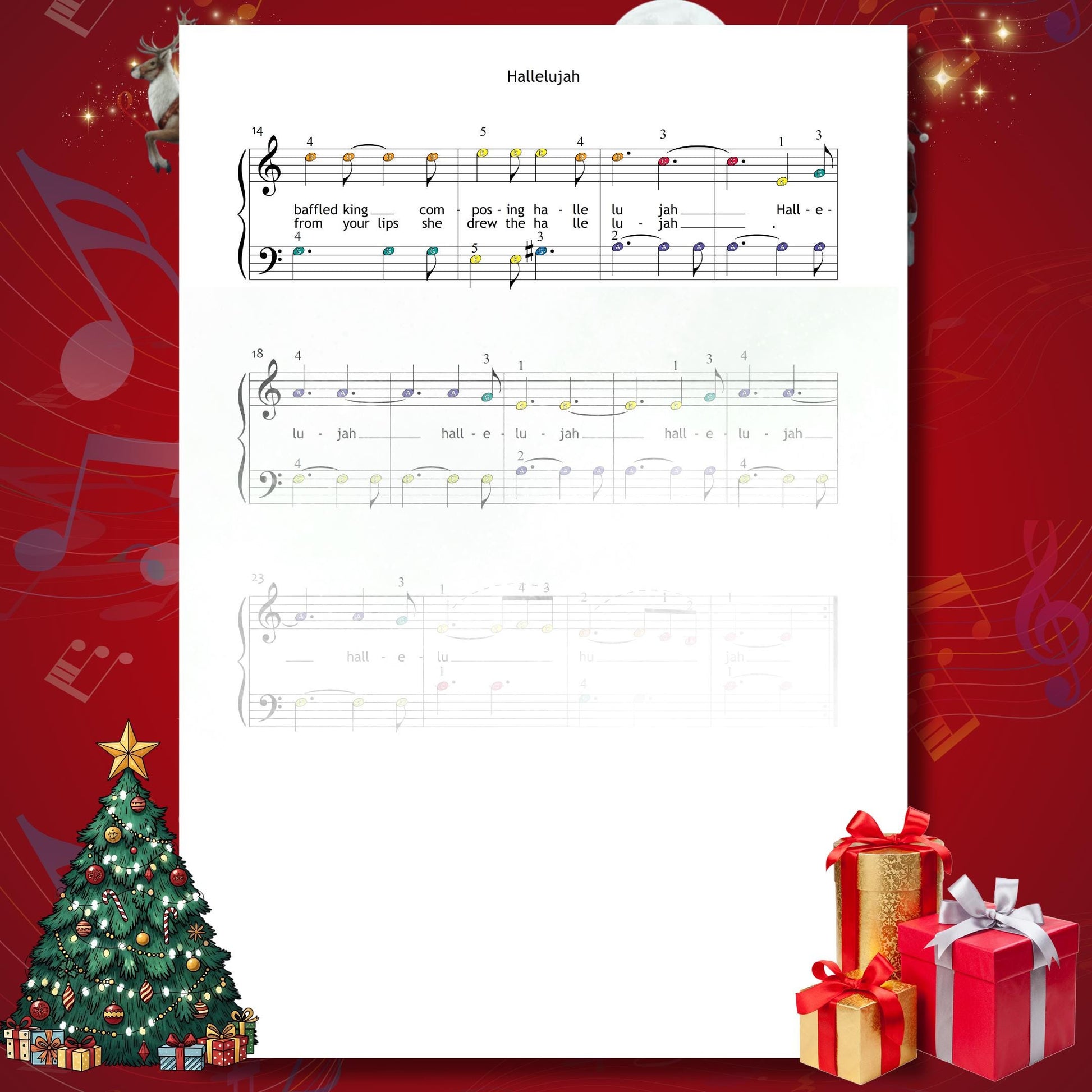 Hallelujah by Leonard Cohen beginner piano sheet music PDF rounds out early seasonal repertoire with lyrics, gentle contours and an introspective mood perfect for young musicians learning winter music.