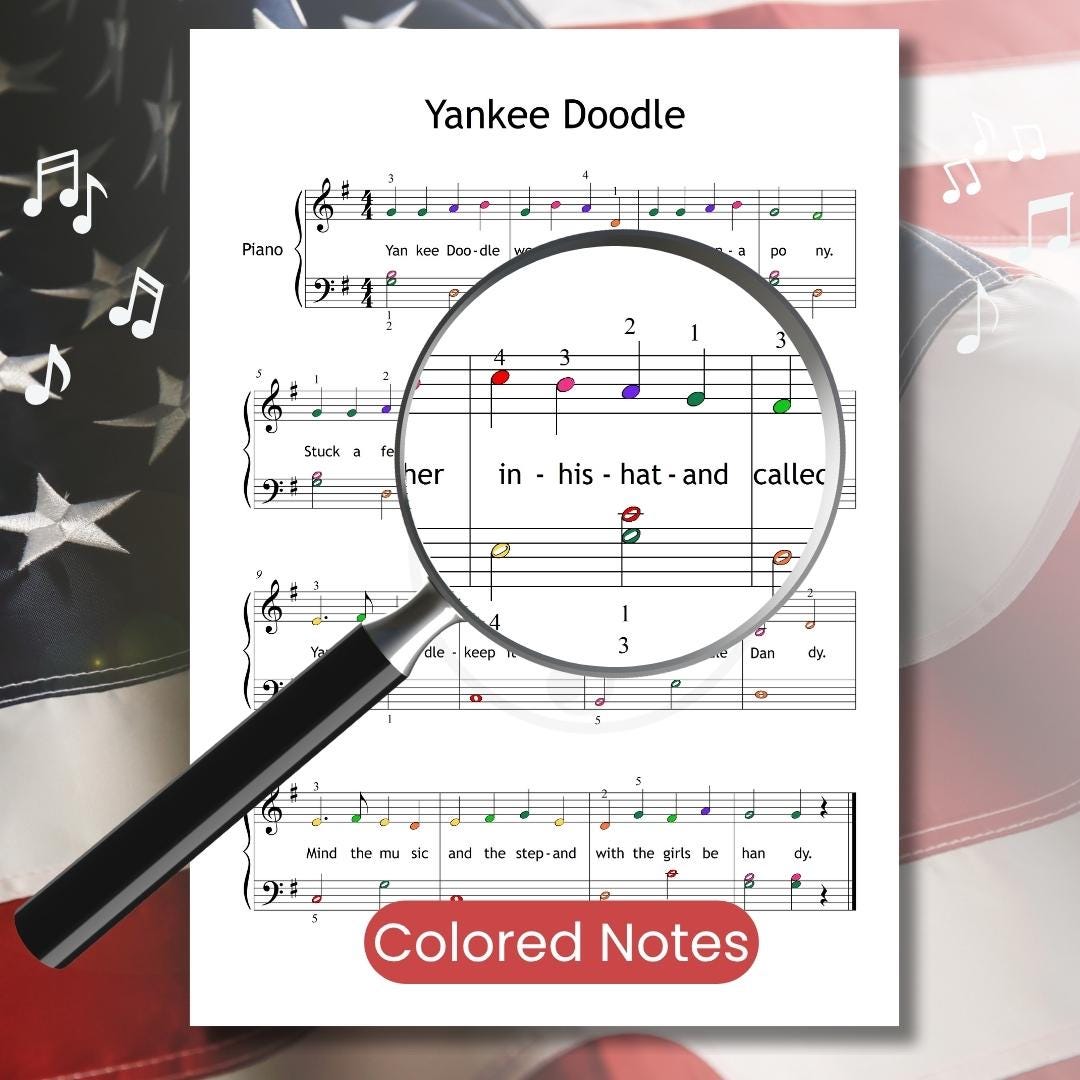 Yankee Doodle beginner piano sheet music downloadable and simplified piano sheet music PDF for Grade 1–2, arranged for fun and easy learning with note names, finger numbers, and color-coded notes, includes printable and tablet formats, MP3 audio, and MP4 video for complete student support.