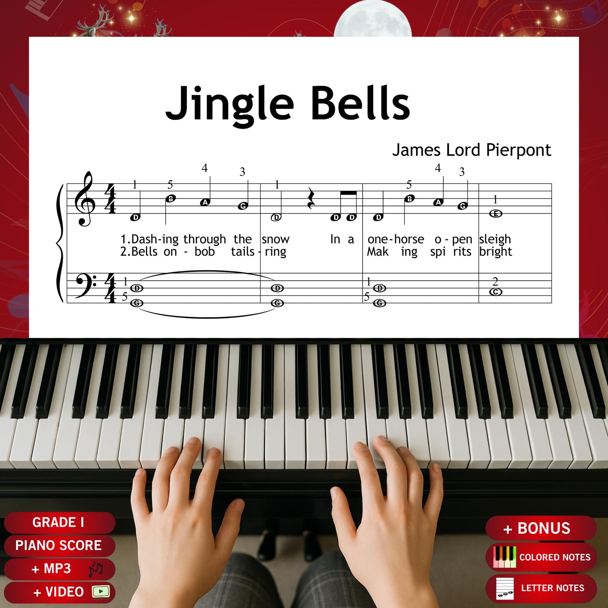Jingle Bells by James Lord Pierpont downloadable and simplified piano sheet music PDF shown with the complete Grade 1 learning bundle featuring finger numbers, note names, color-coded notes, lyrics, violin accompaniment, and manuscript-based engraving for festive and beginner-friendly performance.