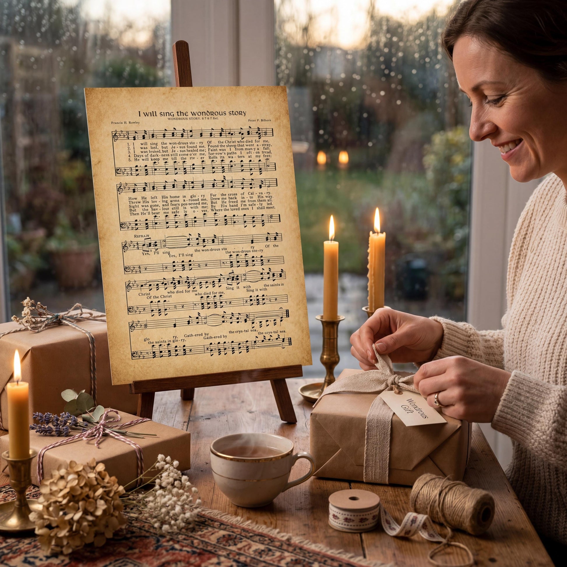 A woman is wrapping a gift with a ribbon, surrounded by a cozy atmosphere with candles, a cup of tea, and a sheet of music on a stand.