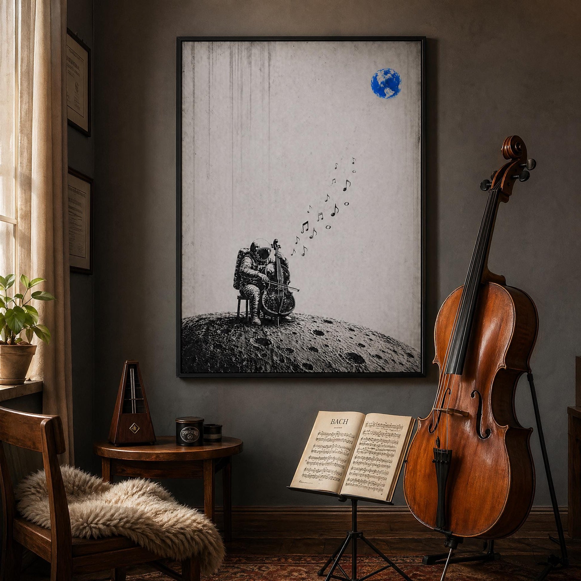 Astronaut cello artwork on the moon printable poster with monochrome stencil style and symbolic musical notes drifting toward Earth, high-quality PDF PNG for artistic interiors