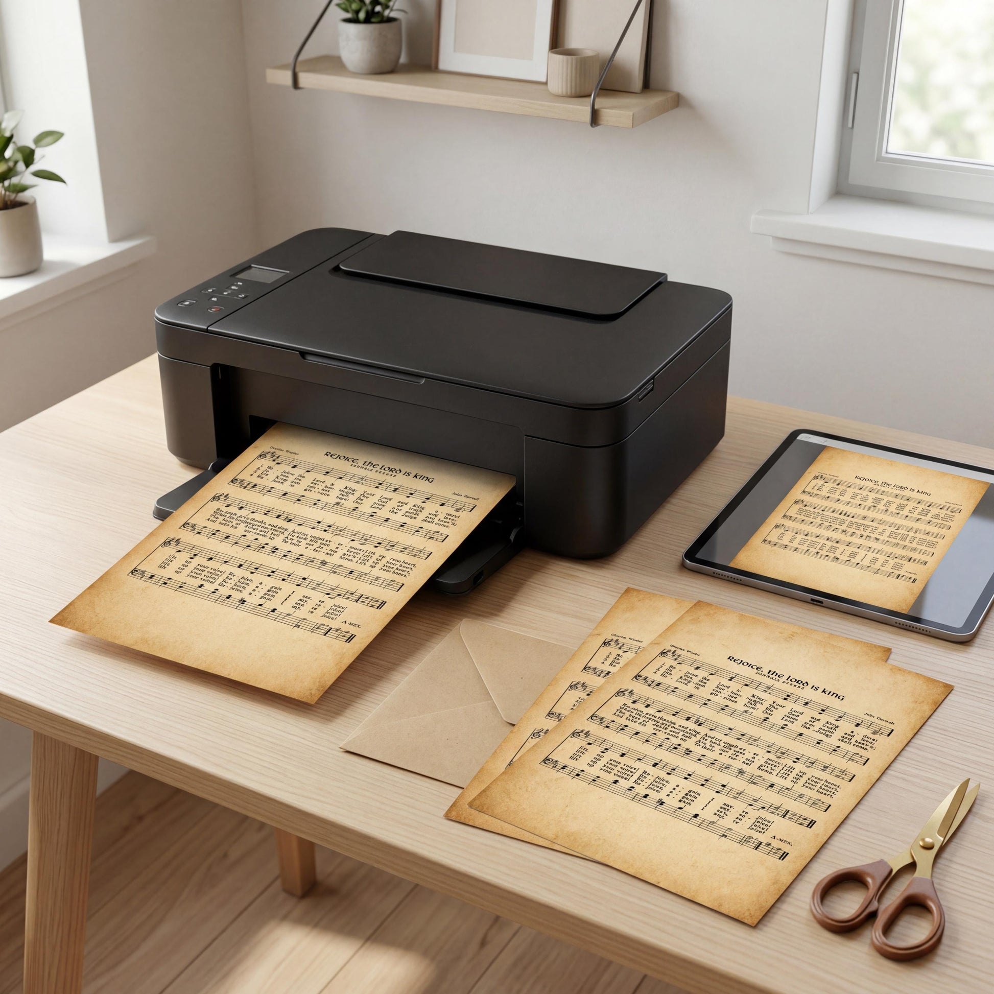 A black printer is printing sheet music onto paper, with a tablet and scissors on a wooden desk in the background.