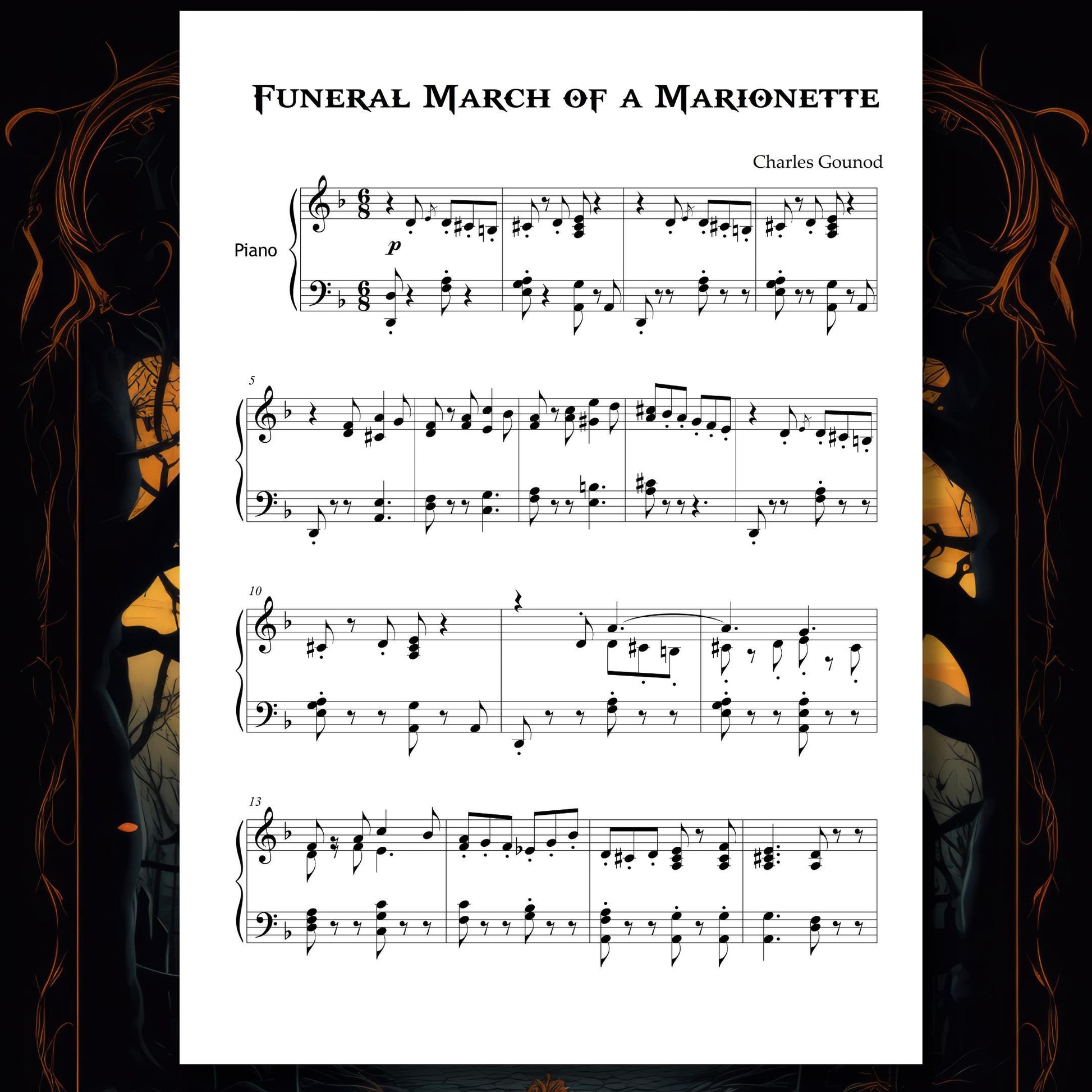 Halloween Piano Bundle digital download for beginners, Grade 1–2 simplified sheet music PDF featuring Casper, Addams Family Theme, Ghostbusters, Thriller, Jaws Theme, Chopin Funeral March, Gounod Funeral March of a Marionette, Danse Macabre, Grieg In the Hall of the Mountain King, Phantom of the Opera, and Harry Potter Hedwig’s Theme, with MP3 and MP4 tutorials.
